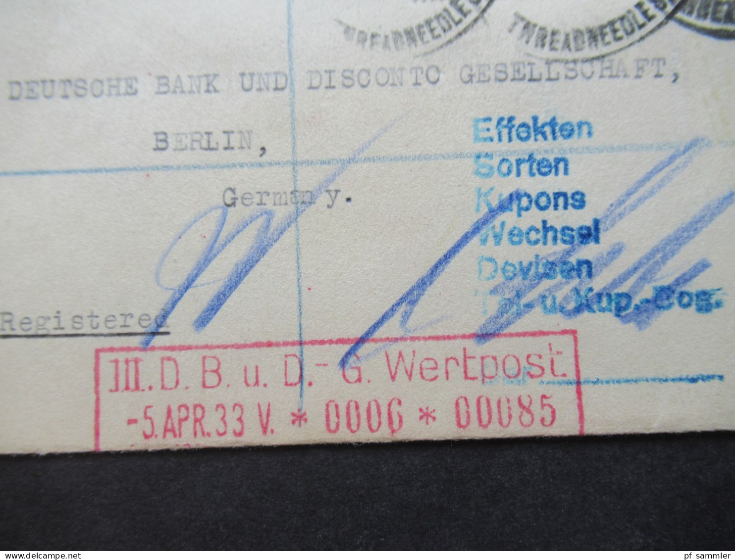GB 1933 Einschreiben Registered London EC 104 An Die Deutsche Bank In Berlin / Roter Stempel Wertpost - Storia Postale