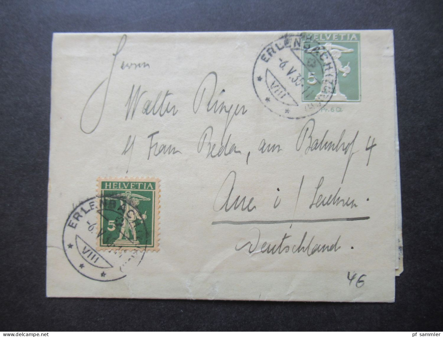 Schweiz 1935 2x Streifband Mit Zusatzfrankatur! Stempel Erlenbach (Zürich) Nach Aue In Sachsen Gesendet - Postwaardestukken