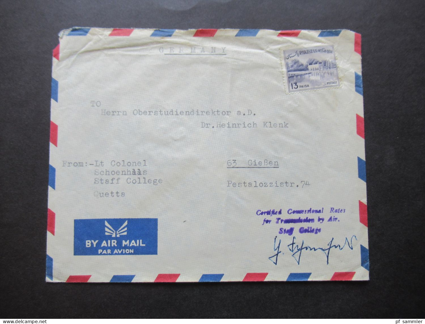 Pakistan 1960er Jahre ?!?  Auslandsbrief Absender LT Colonel Schoenhaas Staff College Quetta / Air Mail - Pakistán