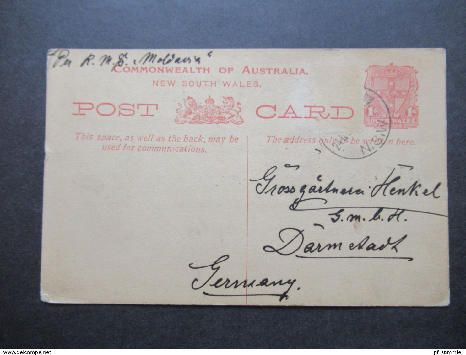 Australien 1908 Ganzsache New South Wales Nach Darmstadt / Schiffspost Per K.M.S. Moldavia Geschrieben In Epping - Cartas & Documentos