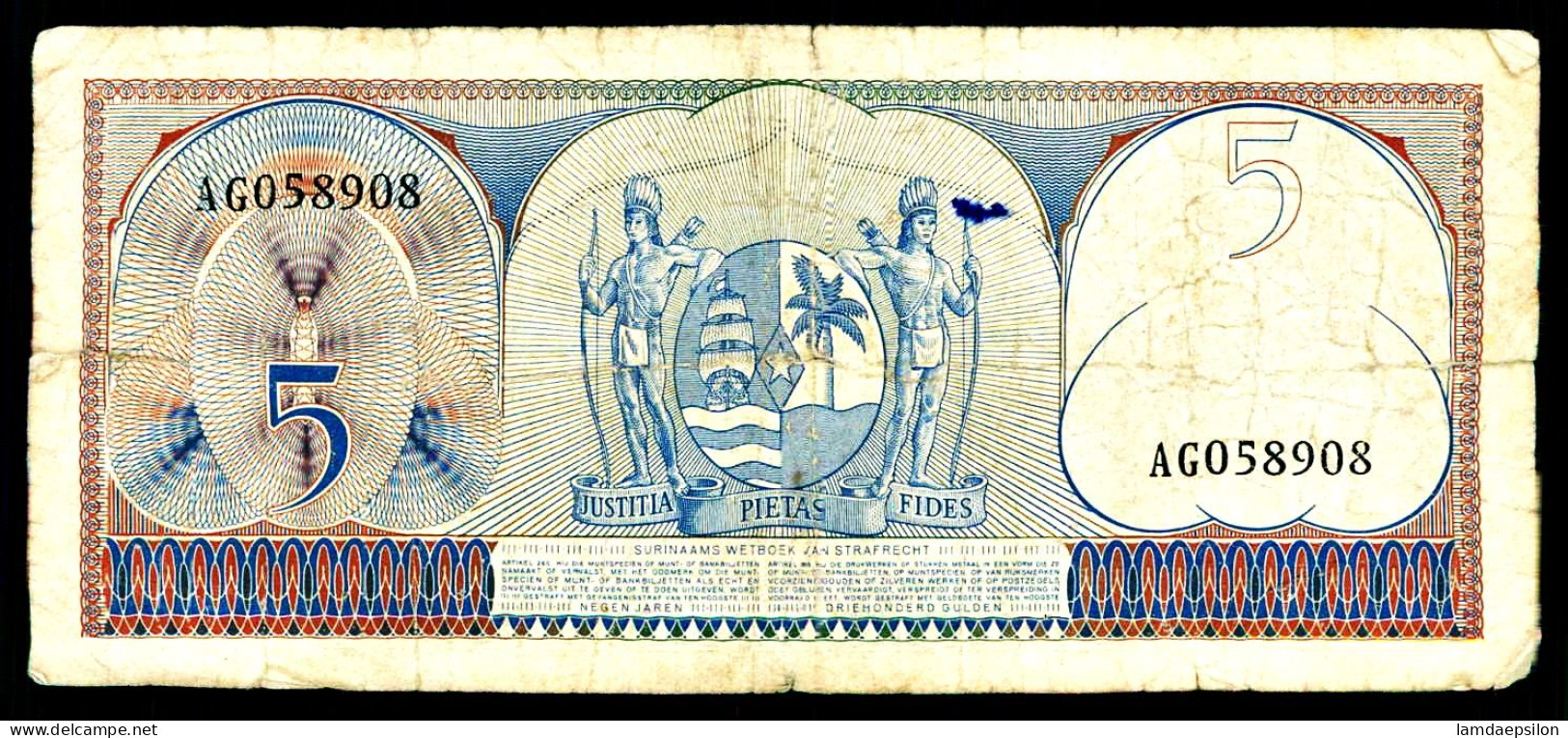 A9  SURINAME   BILLETS DU MONDE   BANKNOTES  5 GULDEN 1963 - Surinam