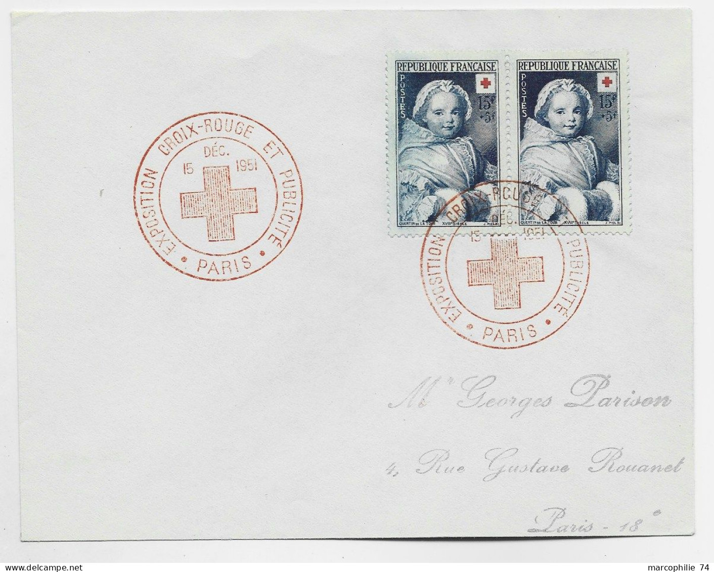 FRANCE CROIX 15FR PAIRE LETTRE COVER CACHET ROUGE CROIX ROUGE PUBLICITE PARIS 15 DEC 1951 - Red Cross