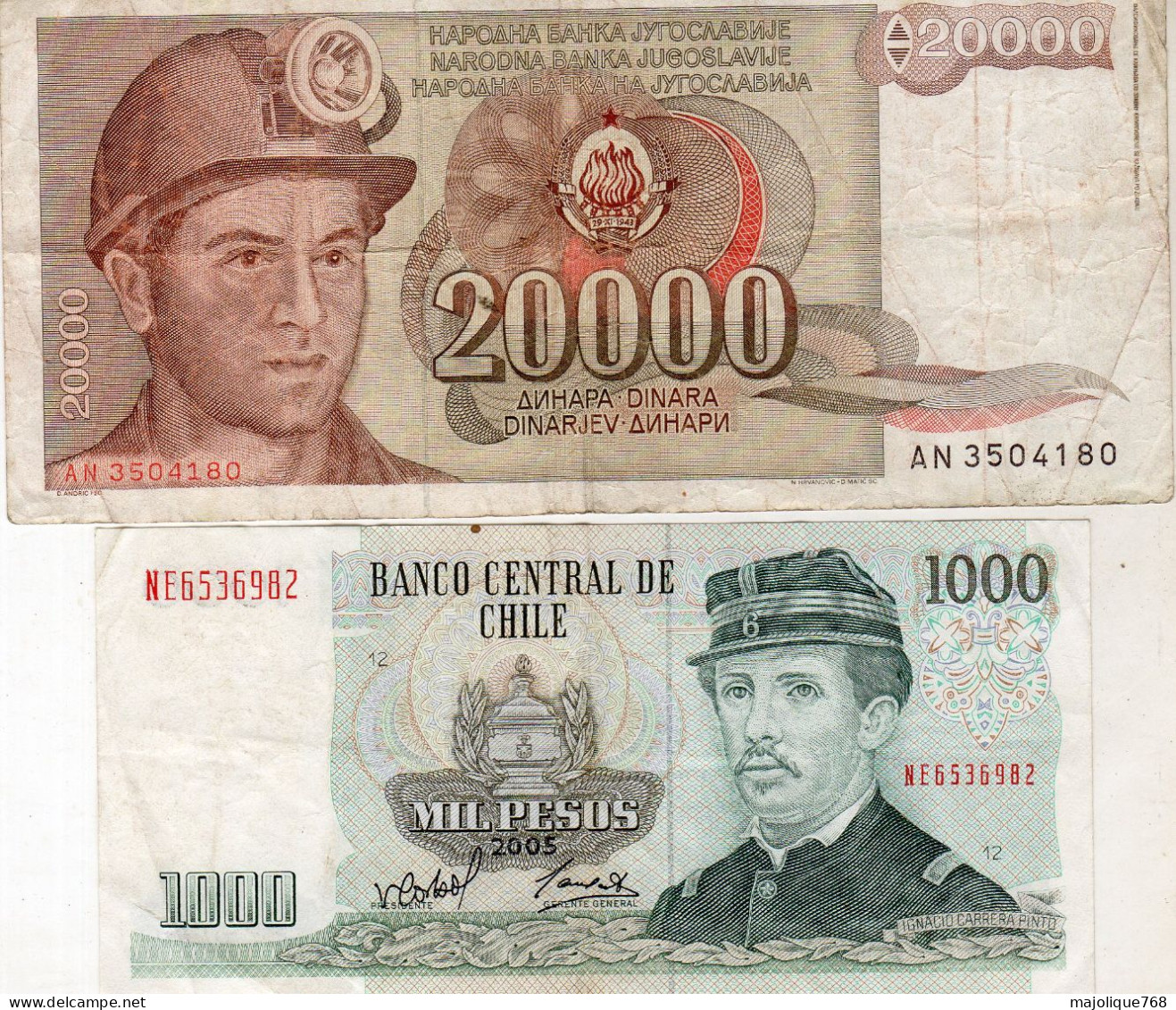 Lot De 2 Billets étranger - 20000 Dinara 1987 De Yougoslavie - 1000 Pésos 2005 Du Chili - Mezclas - Billetes