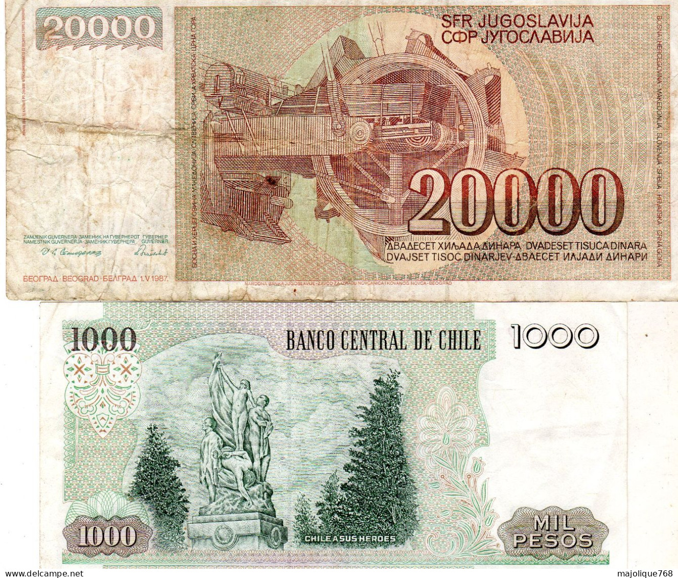 Lot De 2 Billets étranger - 20000 Dinara 1987 De Yougoslavie - 1000 Pésos 2005 Du Chili - Vrac - Billets