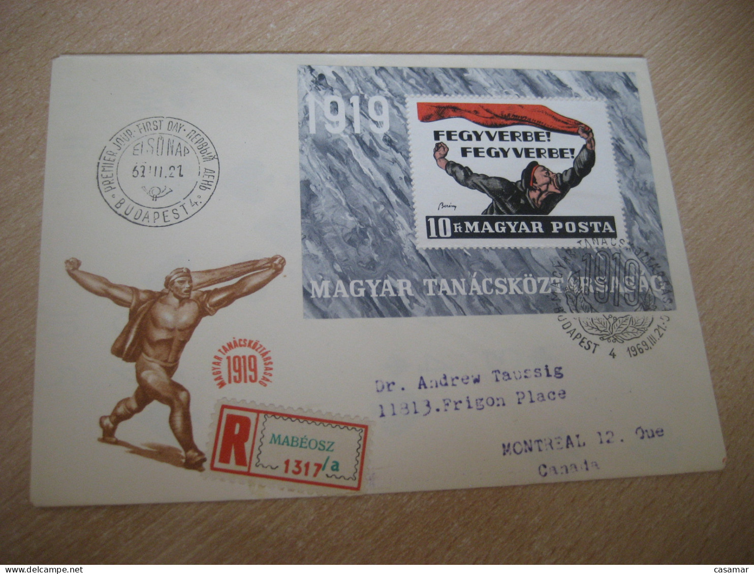 BUDAPEST 1969 To Montreal Canada 50 Anniv. Rep. Yv Bloc 76 Registered FDC Cancel Cover HUNGARY - Briefe U. Dokumente