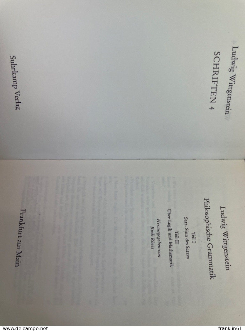 Wittgenstein, Ludwig: Schriften; Teil: 4., Philosophische Grammatik : T. 1 Und 2.. - Filosofía