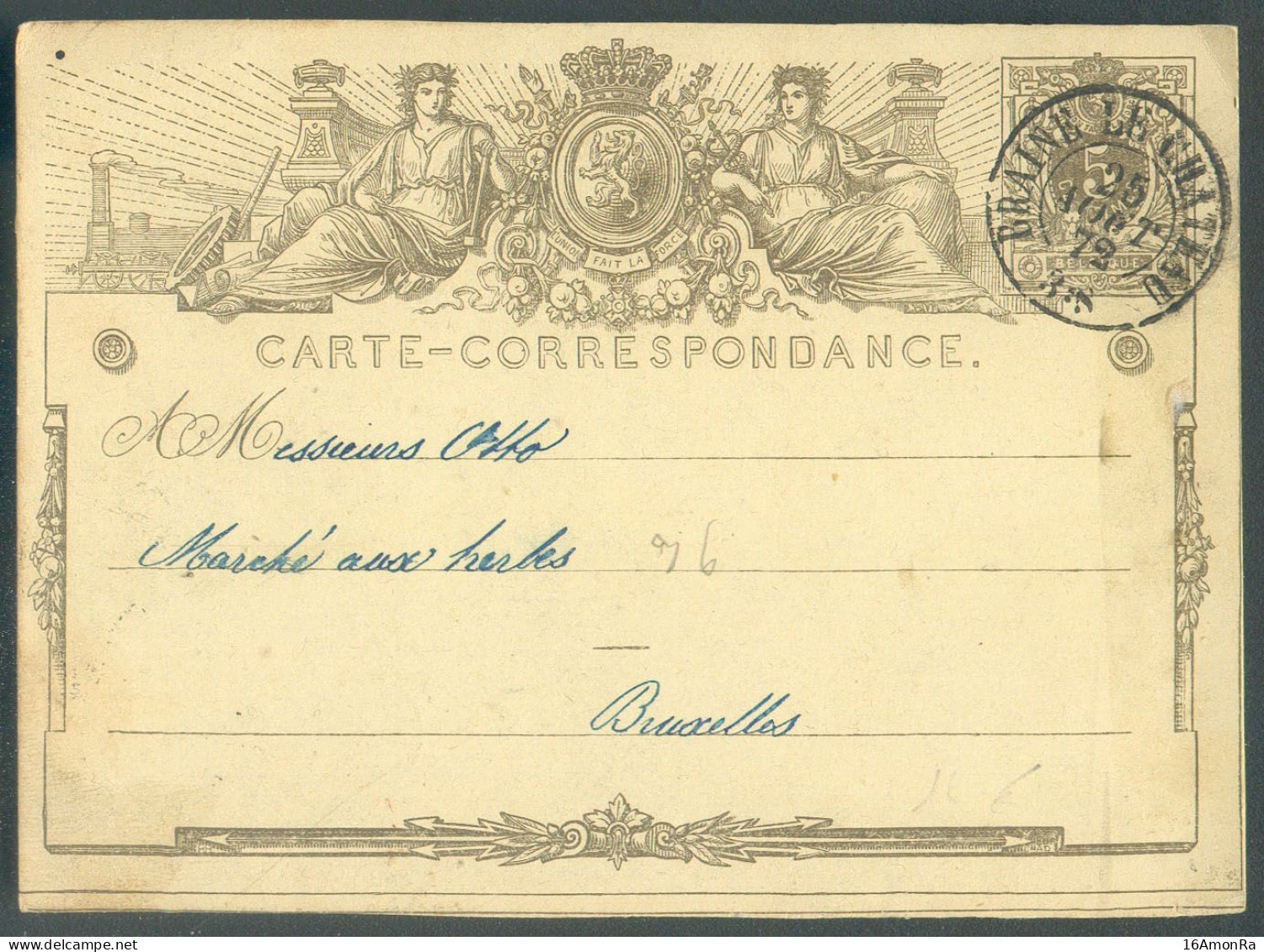 E.P. Carte 5 Cent. Brun S/chamois Obl. Dc BRAINE LE CHÂTEAU 25 Août 1872 Vers Bruxelles.  COBA 8x2 = 16 Euros.   TB - 21 - Cartes Postales 1871-1909