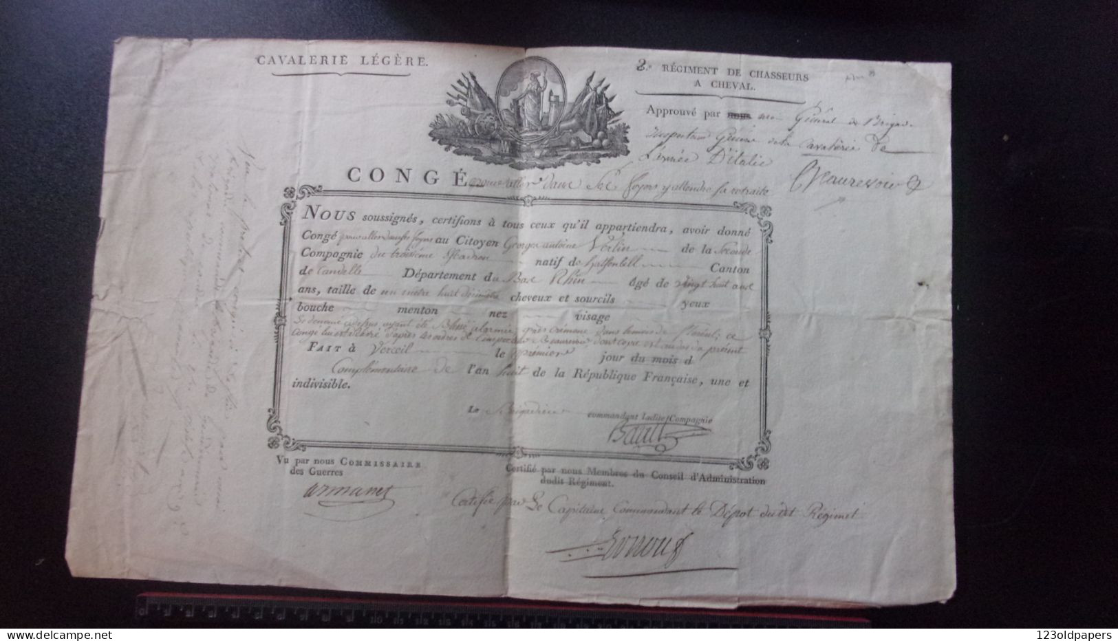 1799 ARMEE D ITALIE CONGE AN 8 REPUBLIQUE  GENERAL Baillard De Beaurevoir POUR VERLIN NE CANDEL  BAS RHIN BLESSE CREMONE - Documentos