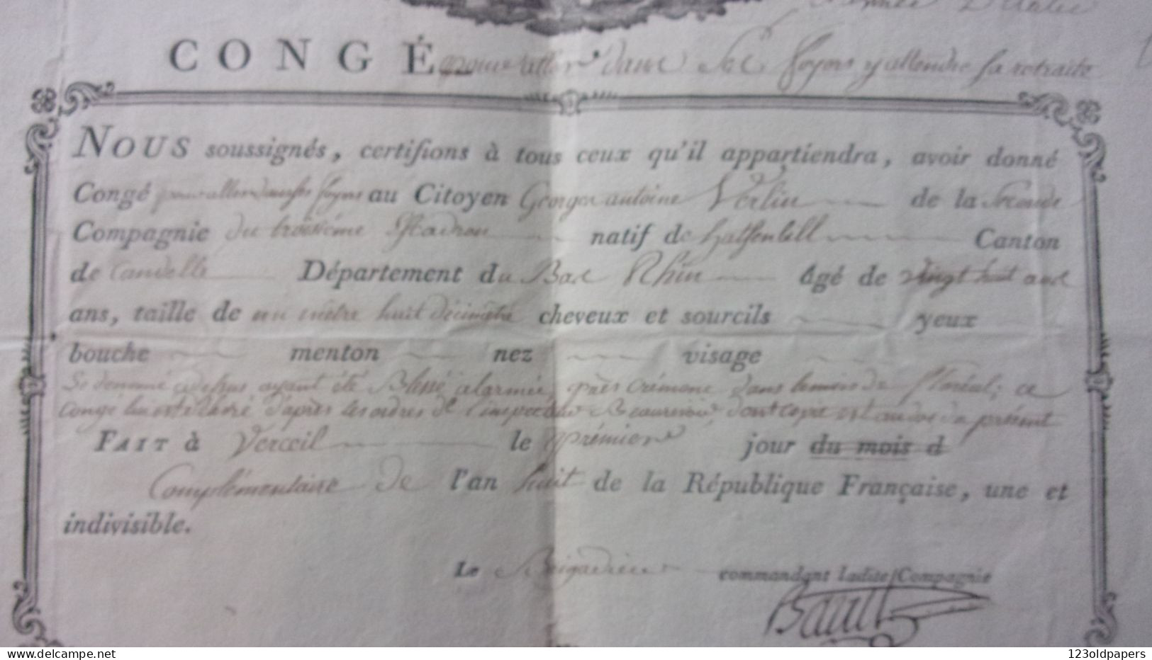 1799 ARMEE D ITALIE CONGE AN 8 REPUBLIQUE  GENERAL Baillard De Beaurevoir POUR VERLIN NE CANDEL  BAS RHIN BLESSE CREMONE - Documenti