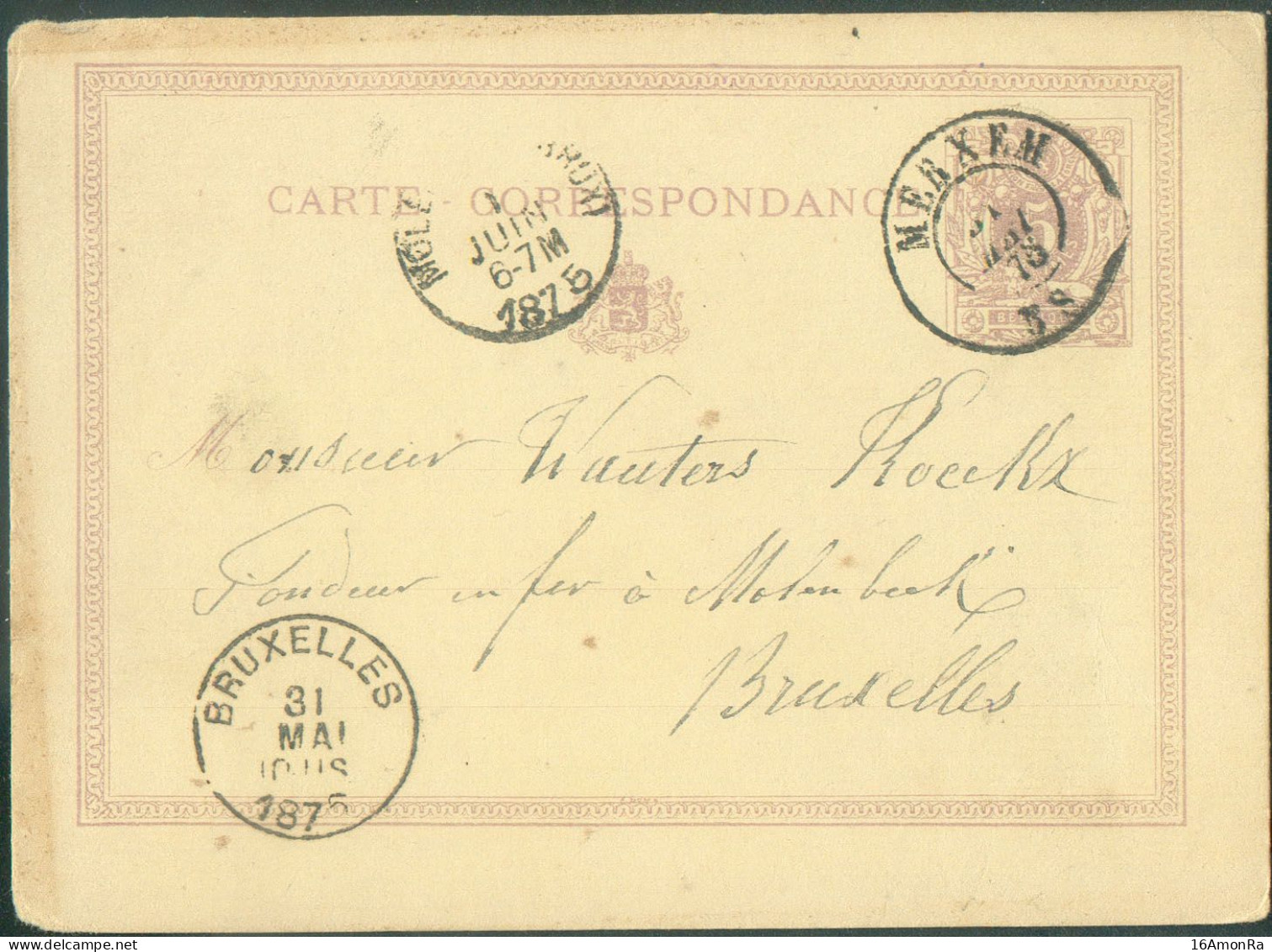 E.P. Carte 5 Cent. Lilas Obl. Dc MERXEM 31 Mai 1875 Vers Bruxelles.  COBA 15x2 = 30 Euros.   TB - 21194 - Cartes Postales 1871-1909
