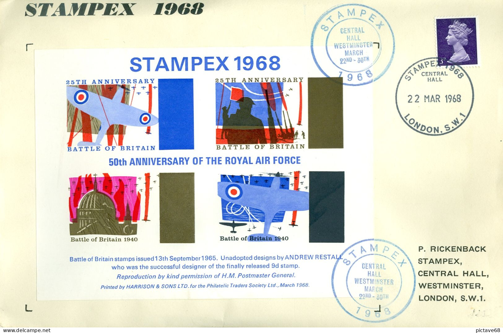 GRANDE BRETAGNE / ENVELOPPE COMMEMORATIVE  STAMPEX 1968 - Blokken & Velletjes