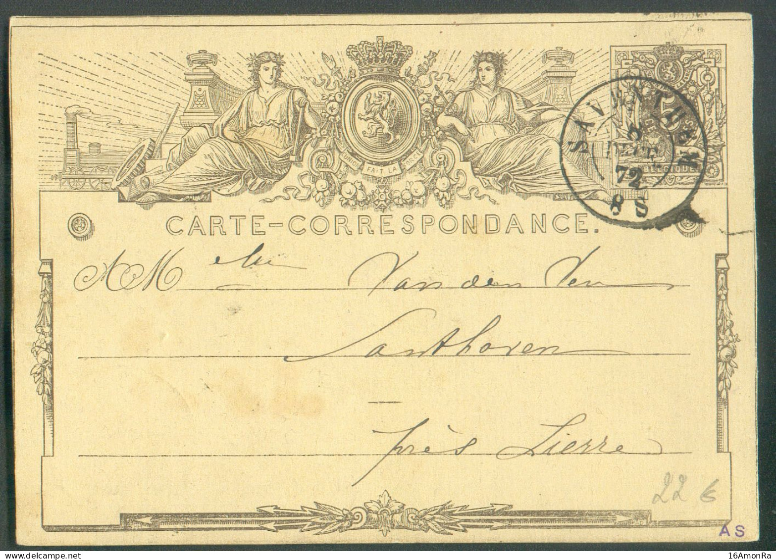 E.P. Carte 5 Cent. Brun Obl. Dc SAVENTHEM  6 Décembre 1872 vers Santhoven (Lierre) .  COBA 15x2 = 30 Euros.   TB - 21199 - Tarjetas 1871-1909