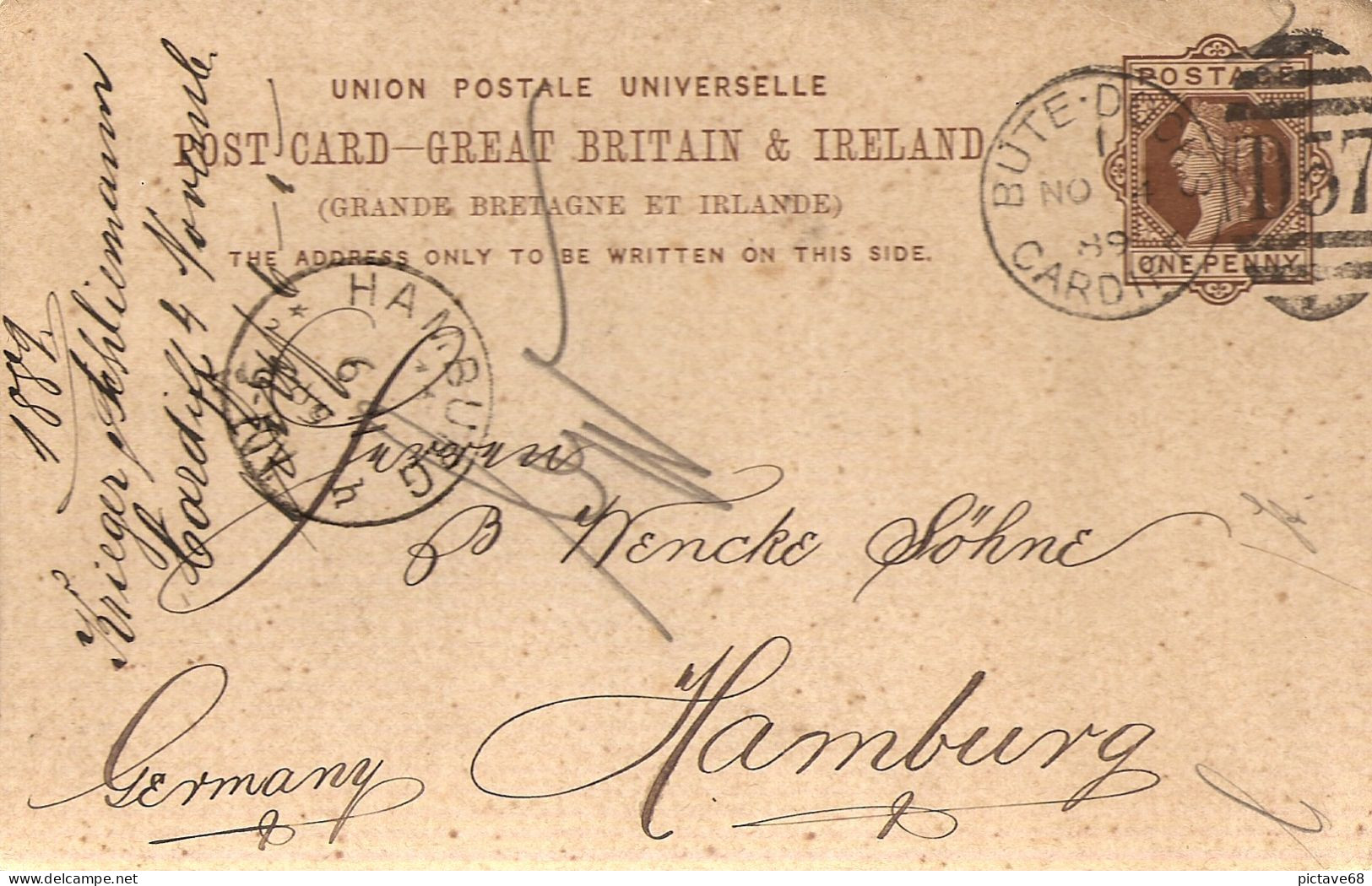 GRANDE BRETAGNE / ENTIER POSTAL POST CARD DE CARDIFF A HAMBOURG 1889 - Postwaardestukken