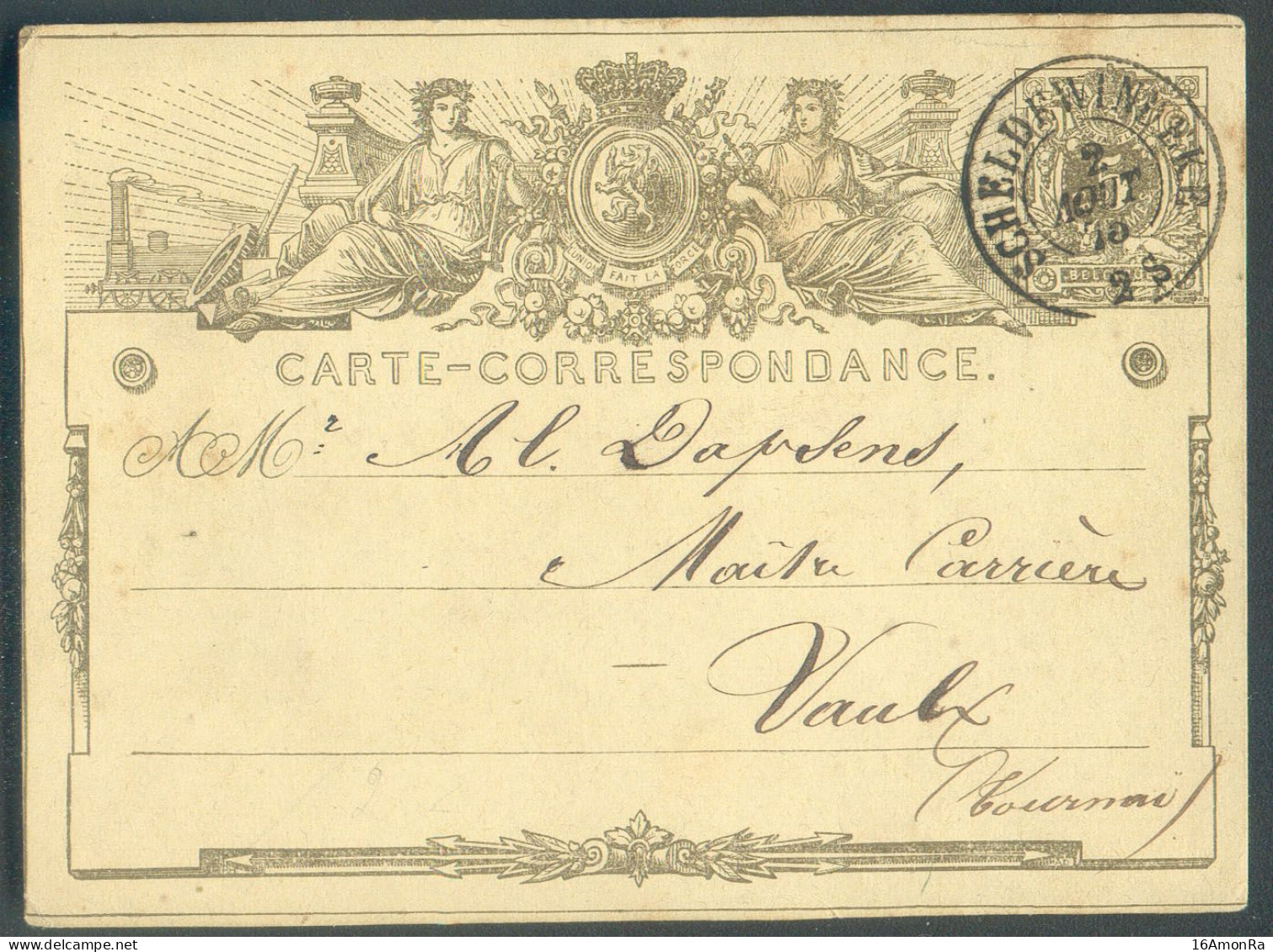 E.P. Carte 5 Cent. Brun Obl. Dc SCHELDEWINDEKE 2 Août 1875 Vers Vaulx.  COBA 15x2 = 30 Euros.   TB - 21200 - Cartes Postales 1871-1909