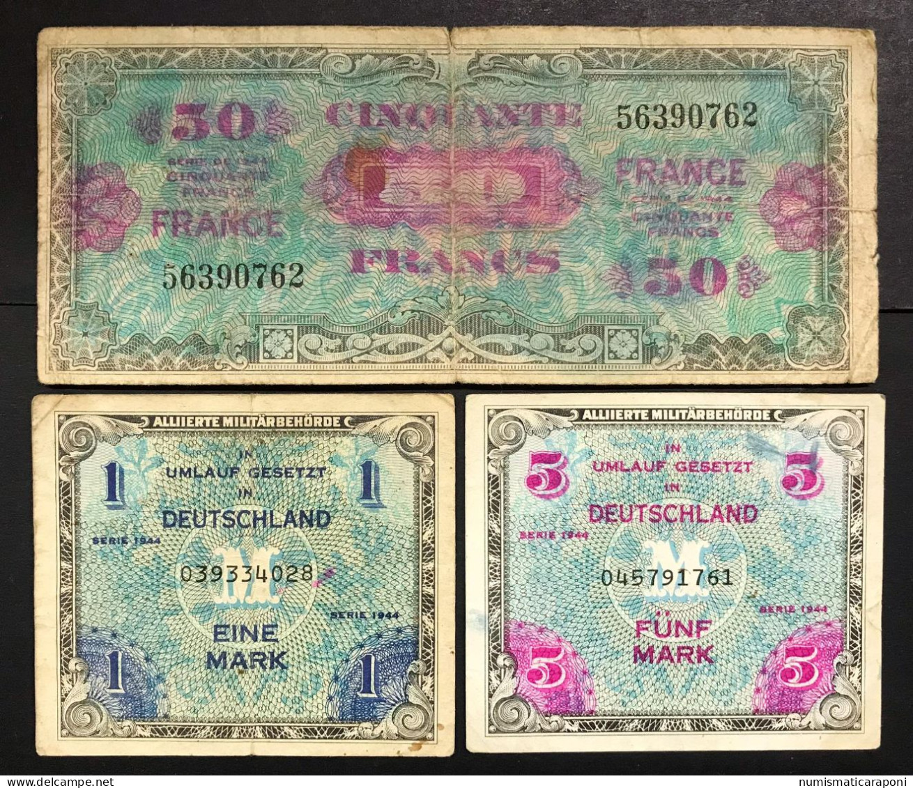 Francia France 50 Francs Allied Forces 1944 + Germania Germany 1 + 5 Mark  Lotto.2654 - Non Classés