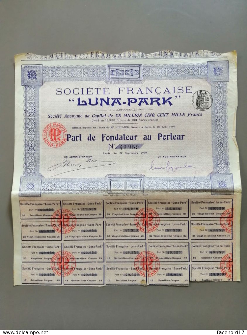 Part De Fondateur  Au Porteur Luna Park 1909 - Tourisme