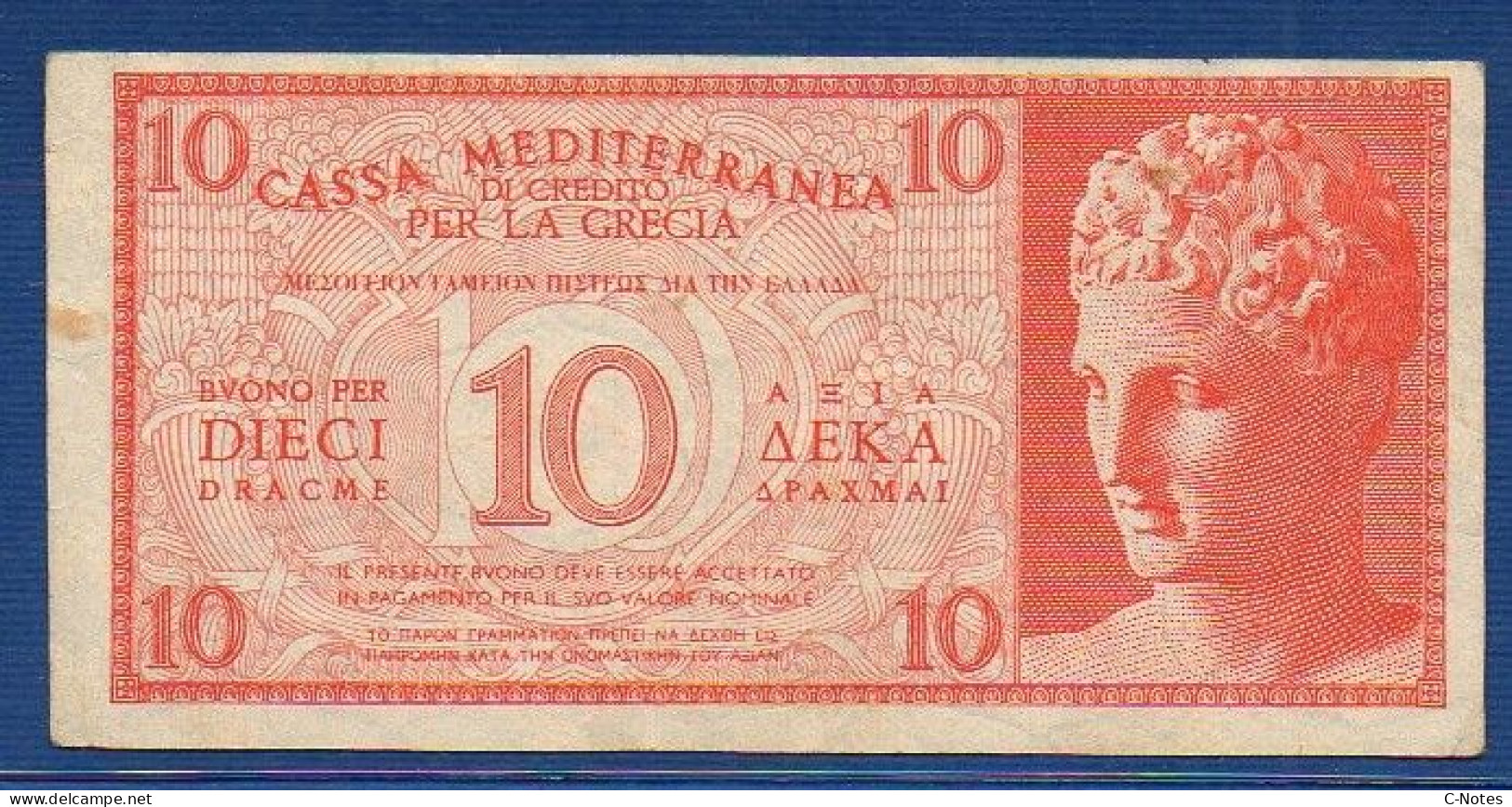 GREECE - Cassa Mediterranea Di Credito - P.M2 – 10 DRACME ND 1941 - CIRCULATED - SERIE 0002 636716 - Occupation Italienne Egéenne