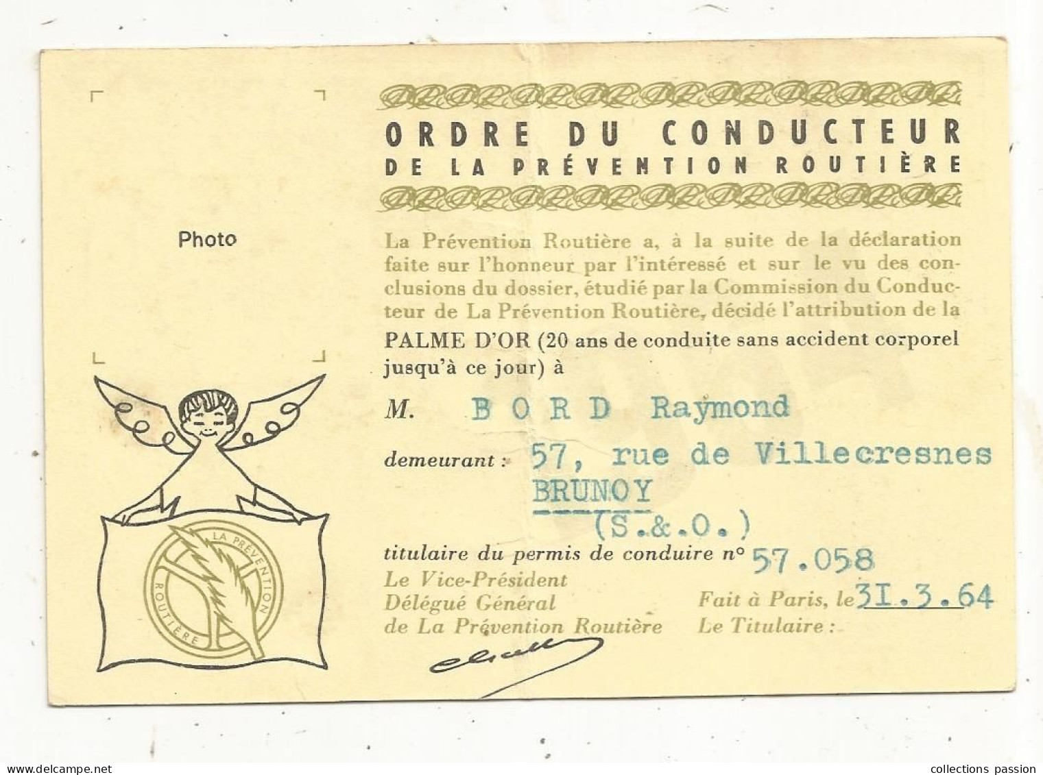 Carte De Membre, Ordre Du Conducteur De La Prévention Routière, 1964, 2 Scans - Lidmaatschapskaarten