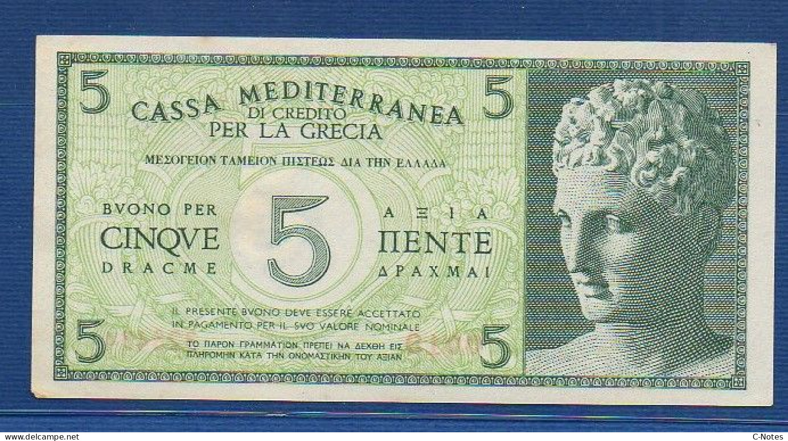 GREECE - Cassa Mediterranea Di Credito - P.M1 – 5 DRACME ND 1941 XF, SERIE 0019 328434 - Occupation Italienne Egéenne