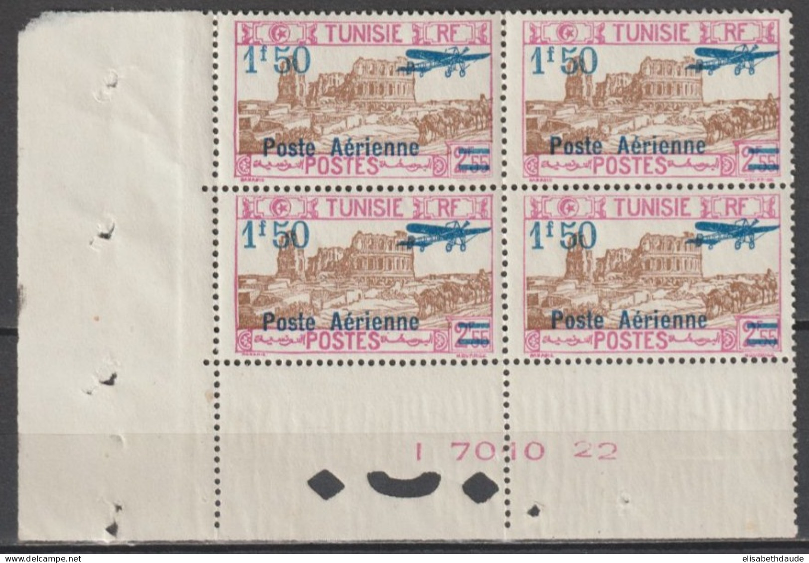 TUNISIE - 1930 - POSTE AERIENNE BLOC De 4 COIN DE FEUILLE NUMEROTE ! - YVERT 12 ** MNH  - COTE = 72++ EUR. - Posta Aerea