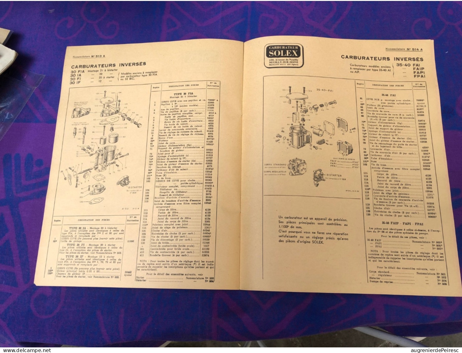 Nomenclature Des Pièces Détachés SOLEX 1958 ? - Autres & Non Classés