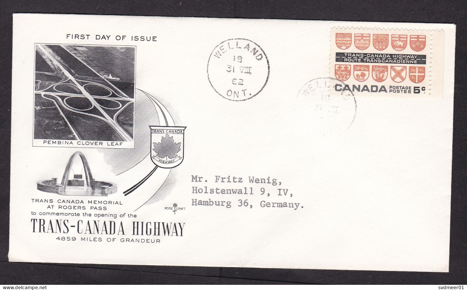 Canada: FDC First Day Cover To Germany, 1962, 1 Stamp, Highway, Transport, Cancel Welland (minor Damage At Back) - Lettres & Documents