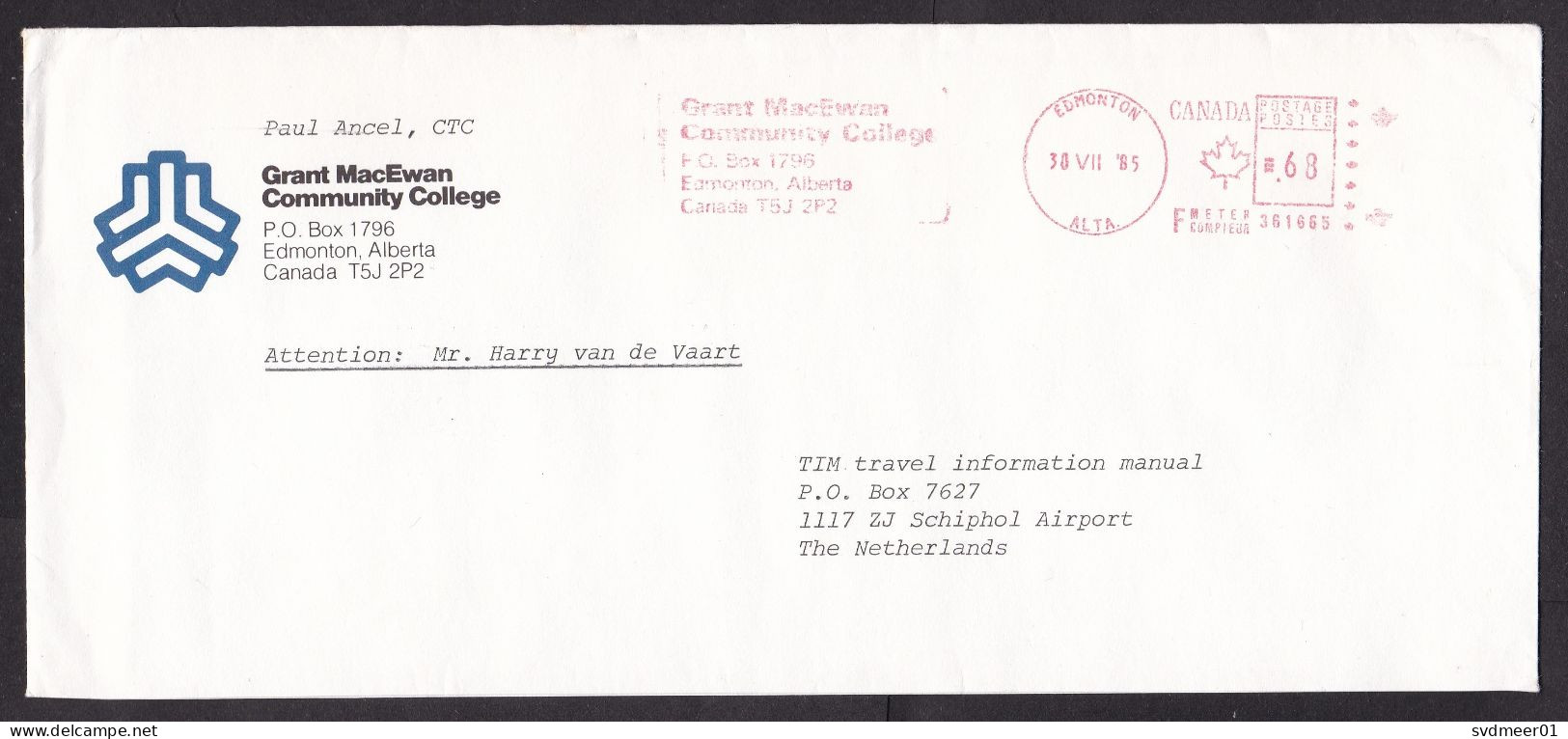 Canada: Cover To Netherlands, 1985, Meter Cancel, Grant MacEwan Community College Edmonton, School (traces Of Use) - Covers & Documents