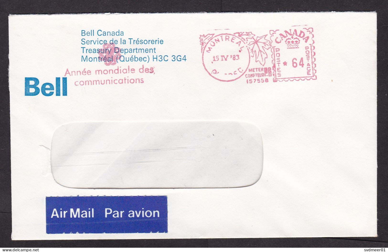 Canada: Cover, 1983, Meter Cancel, Bell, Year Of Communication, Logo (traces Of Use) - Storia Postale