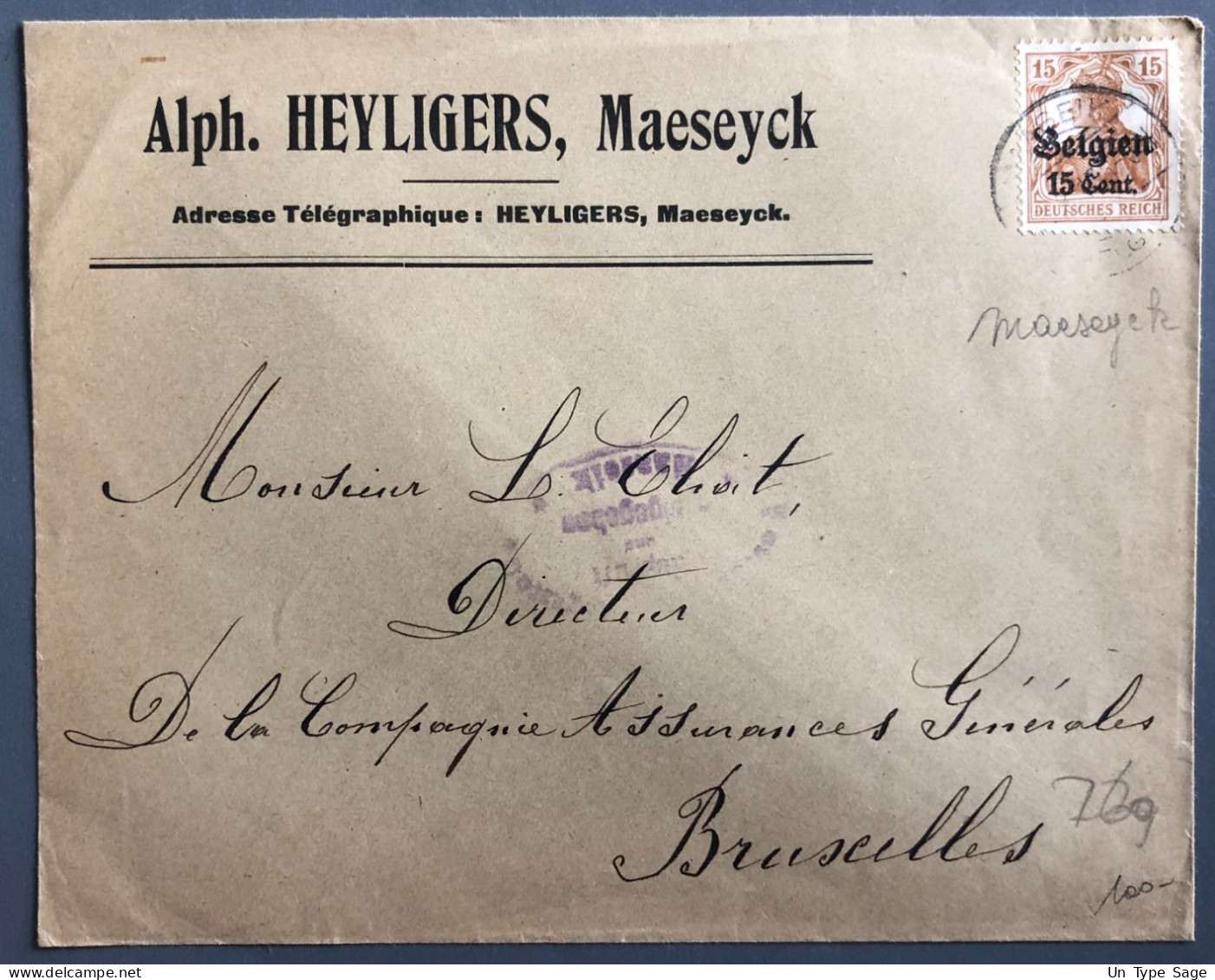 Belgique, Divers Occupation (WW1) Sur Enveloppe TAD Maaseik 8.1.1915 + Censure Maaseik - (B2037) - Autres & Non Classés