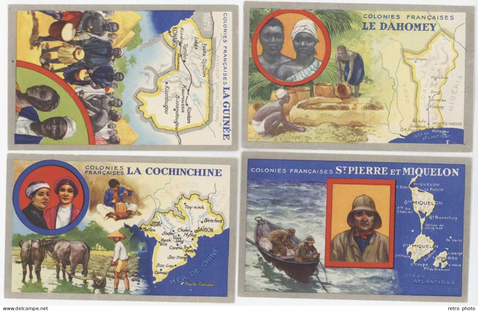 4 Cartes édtées Par Les Produits Du Lion Noir : Dahomey, Cochinchine, Guinée, St Pierre Et Miquelon (PUB) - Publicité