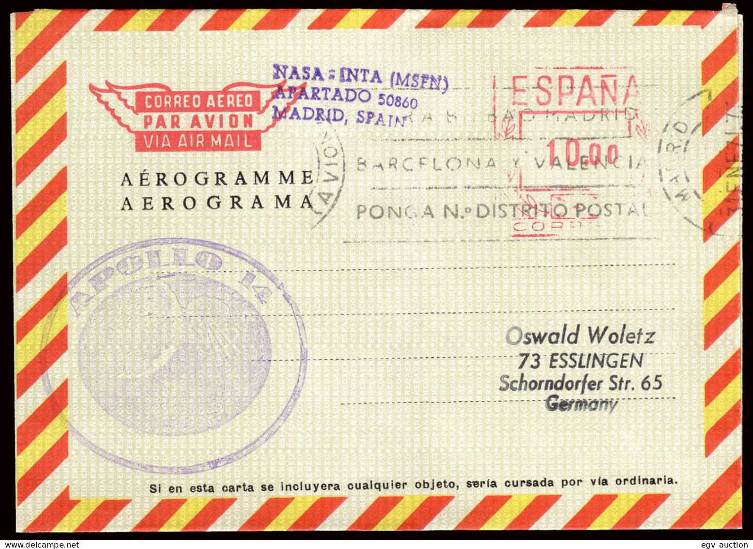 Aerograma - Edi O 103 - 1971 - De Madrid A Alemania 31/1/71 + Marca "Apollo 14" + Remite "Nasa - Madrid" - Cartas & Documentos