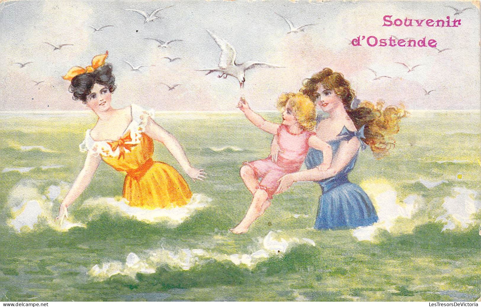 ILLUSTRATION NON SIGNES - Deux Jeunes Filles Jouent Dans La Mer Avec Un Enfant - Mouette - Carte Postale Ancienne - Ohne Zuordnung