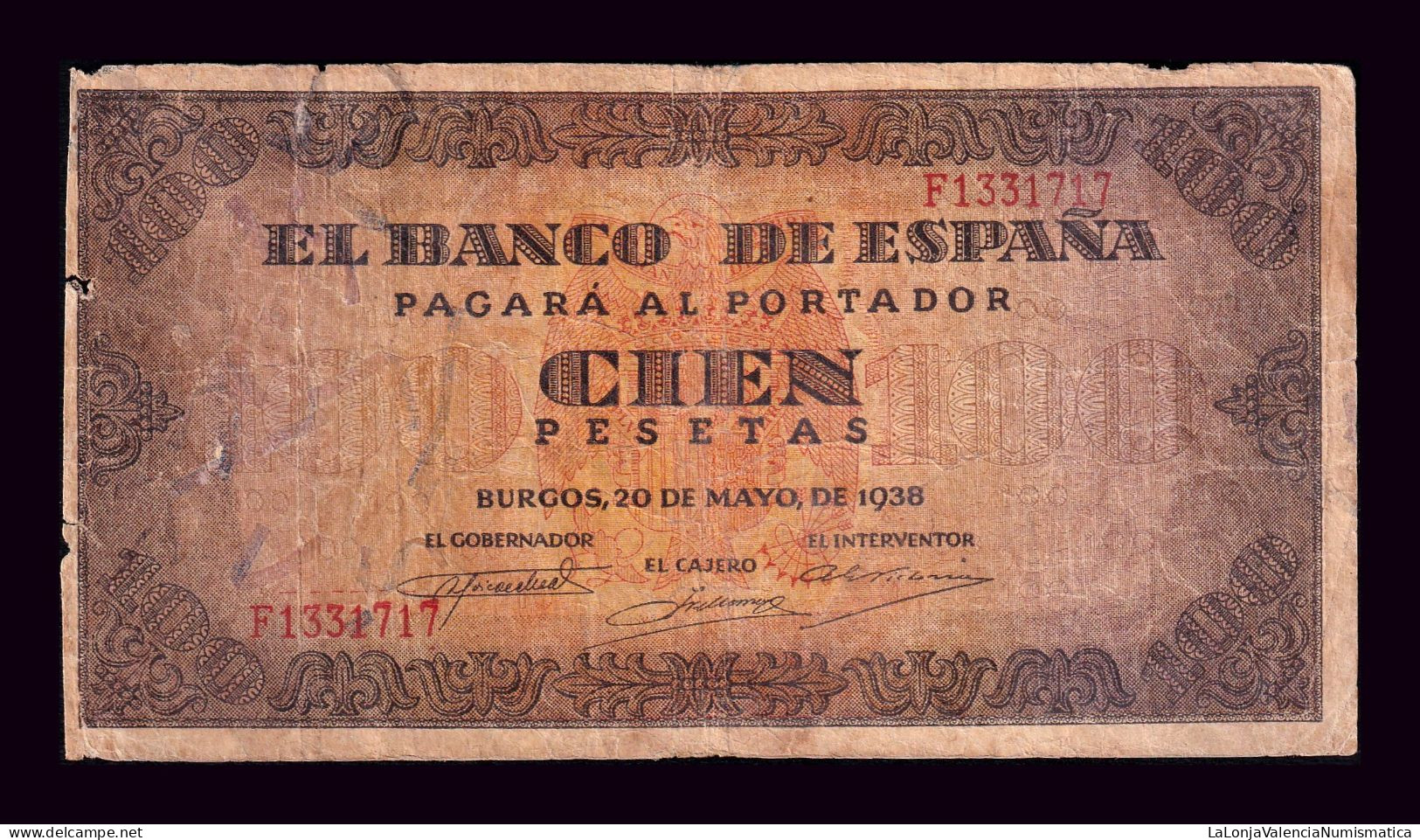 España Spain 100 Pesetas Burgos 1938 Pick 113 Serie F Bc F - 100 Peseten