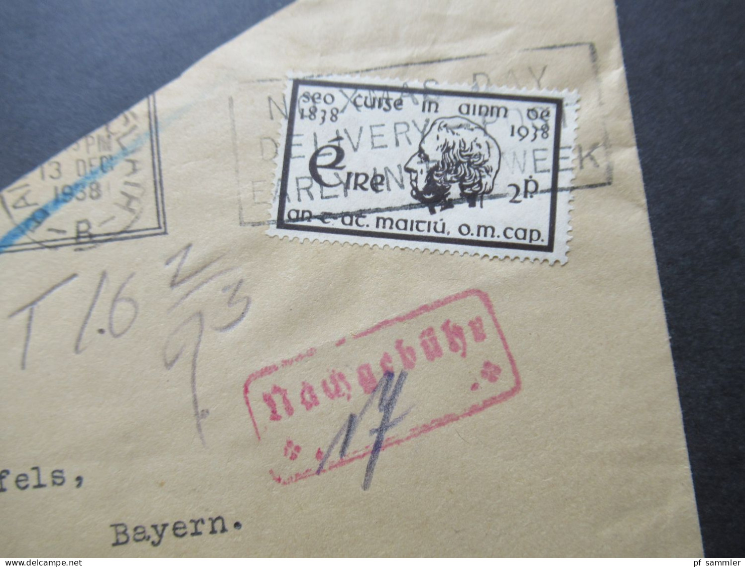 Irland / Éire 1938 Michel Nr.67 EF Nach Lichtenfels Bayern Gesendet Mit Rotem Stempel Nachgebühr 17 / Nachtaxiert! - Brieven En Documenten