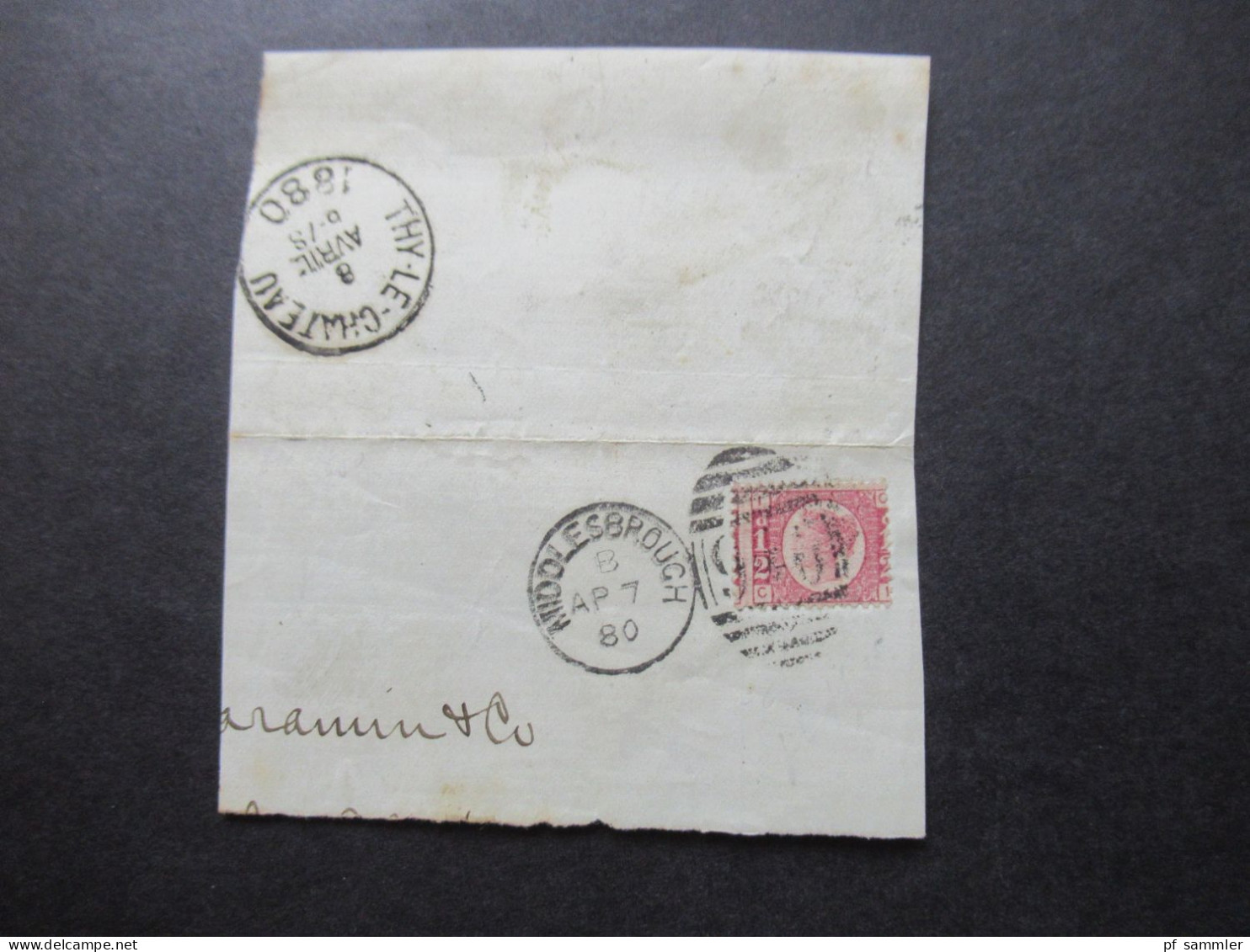 GB 1880 Briefstück Mit Michel Nr.36 Mit Plattennummer 5 (verzähnte Marke) Stempel Middlesbrough Und K1 Thy Le Chateau - Storia Postale