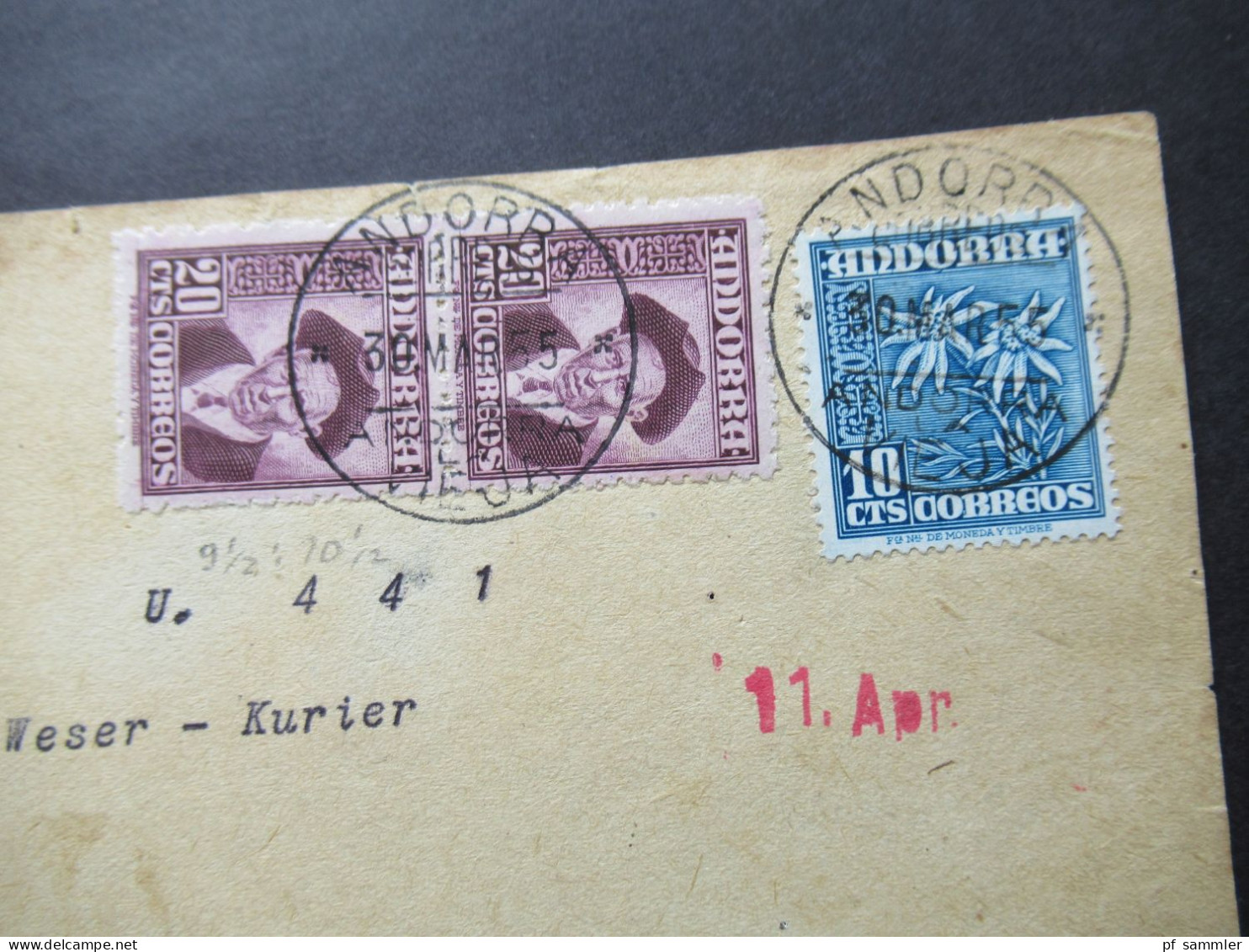 Andorra (Spanische Post) Briefstück / Vorderseite 1955 Mi.Nr.44 (2) Und Nr.54 MiF Stempel Andorra Vieja - Briefe U. Dokumente