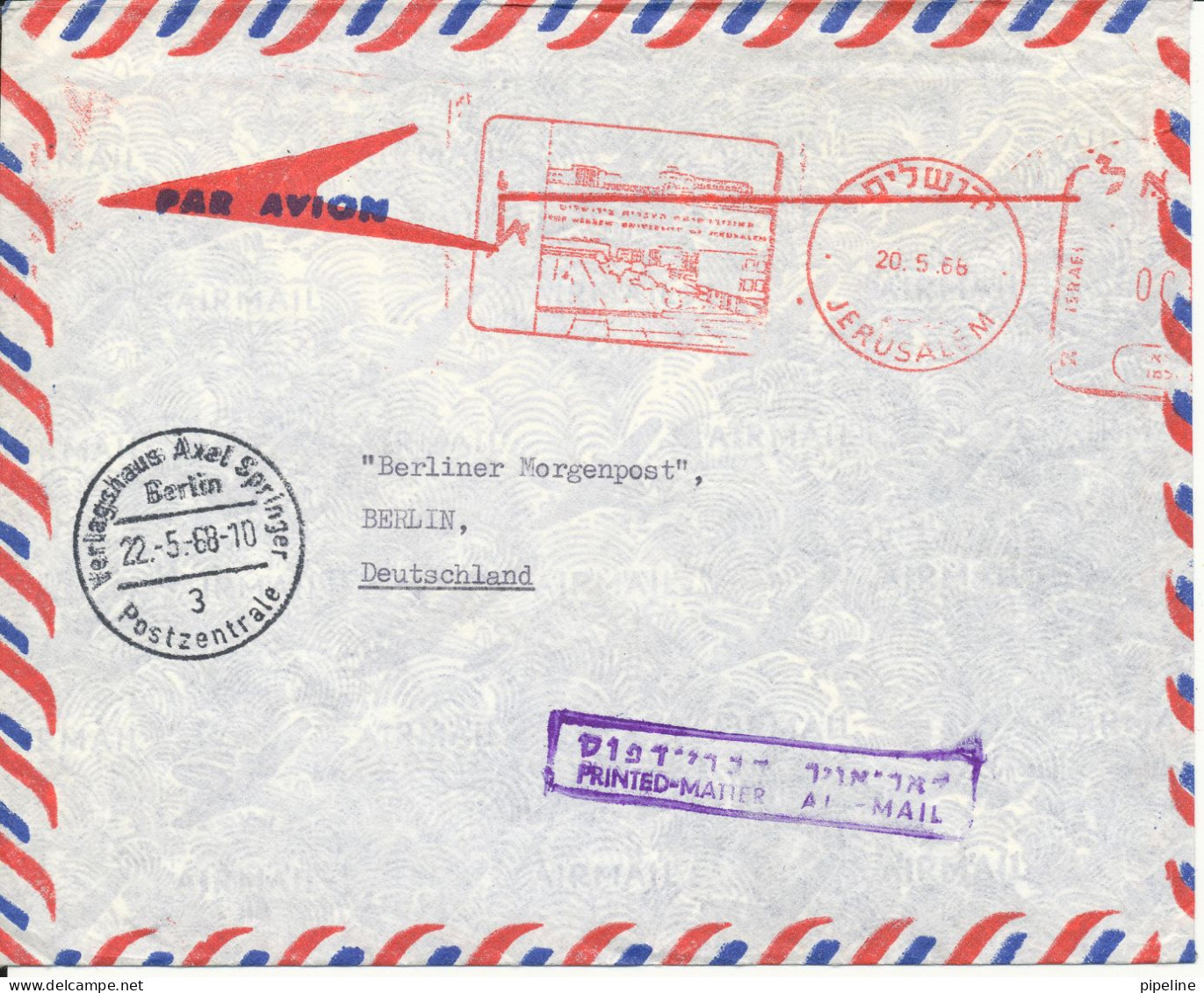 Israel Air Mail Cover With Meter Cancel Jerusalem 20-5-1968 Sent To Germany - Poste Aérienne