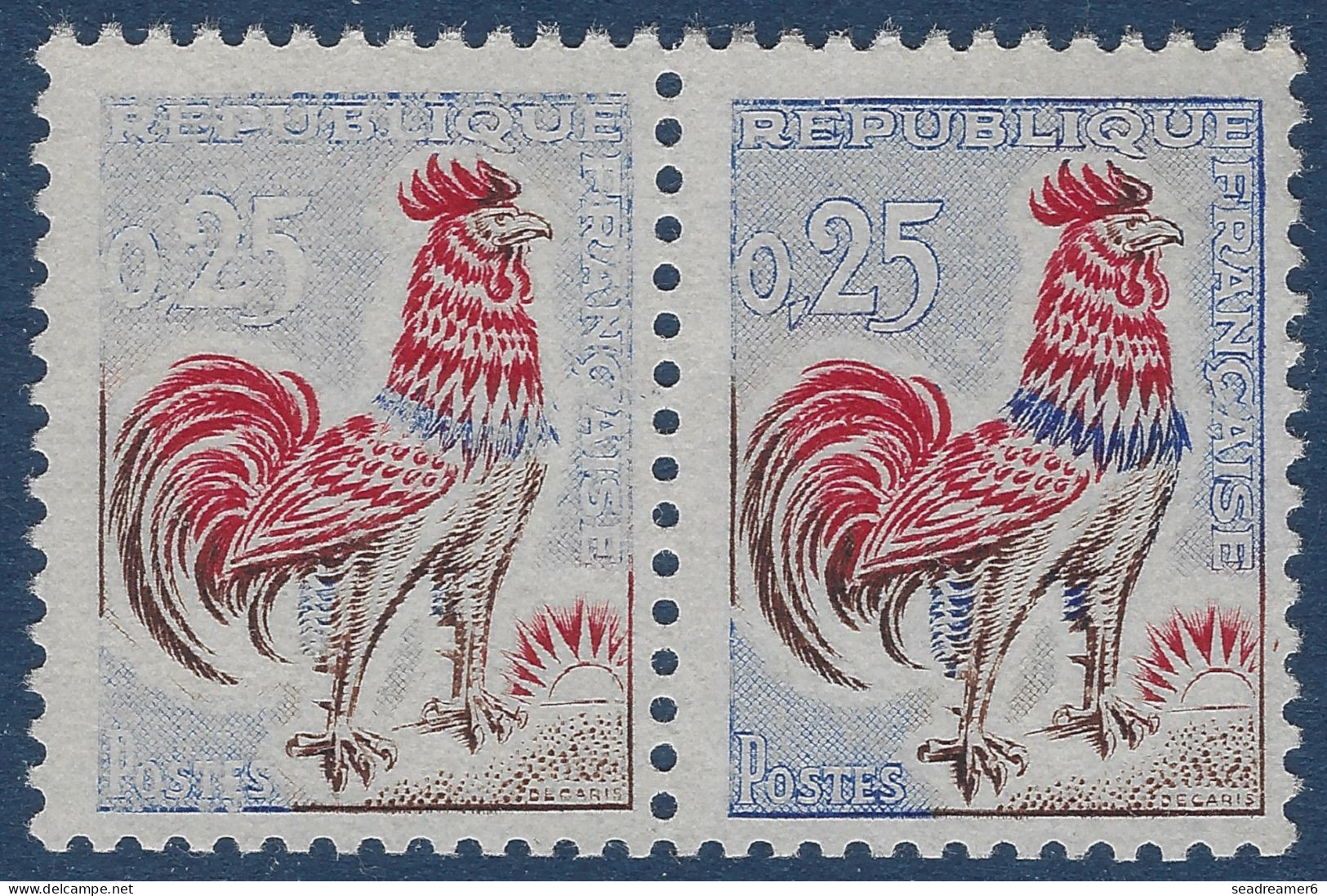 Coq De DECARIS N°1331** Paire 0.25c Variété Effecaement Progressif Du Bleu Tenant à Normal Pas Courant Ainsi TTB - 1962-1965 Cock Of Decaris