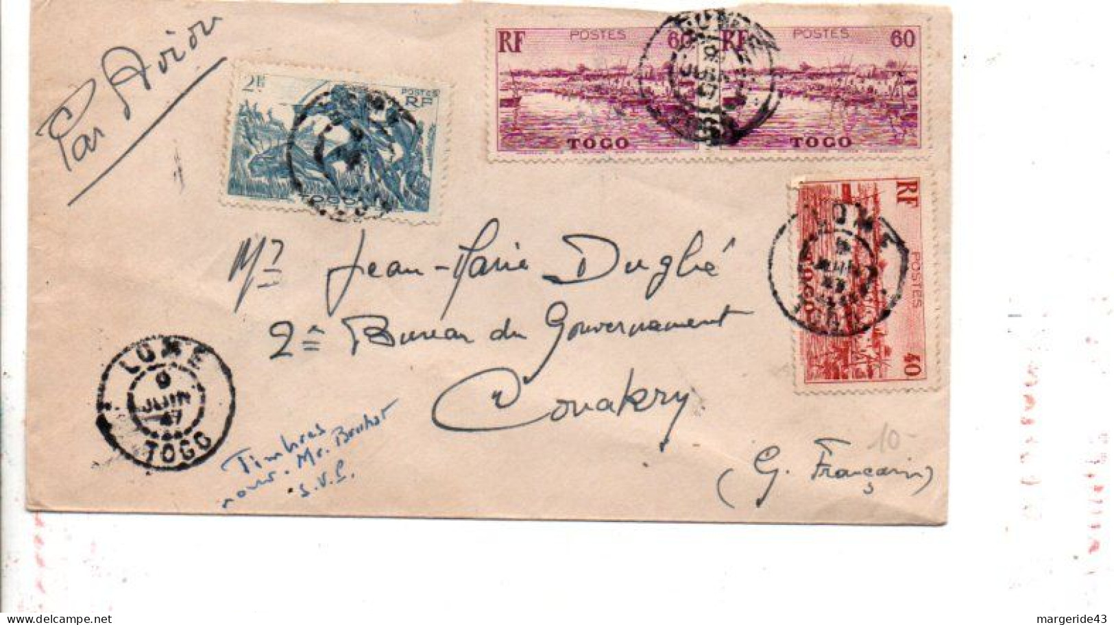 TOGO AFFRANCHISSEMENT COMPOSE SUR LETTRE DE LOME POUR LA FRANCE 1947 - Lettres & Documents