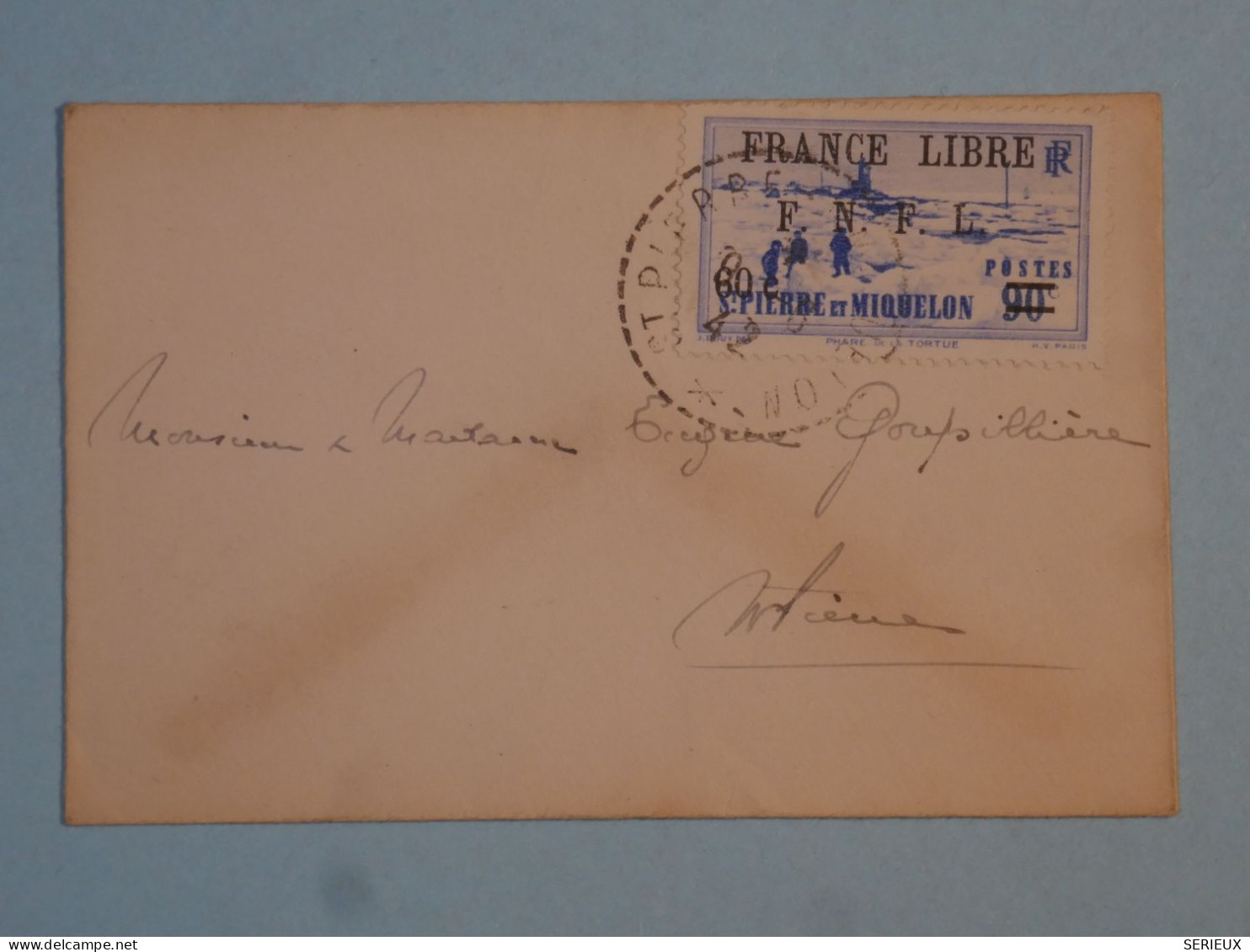 C  ST PIERRE & MIQUELON BELLE LETTRE FRANCE LIBRE RARE 1942 ST PIERRE A ATHENES +N°277 SEUL.  SURCHARGE +AFF. PLAISANT++ - Storia Postale