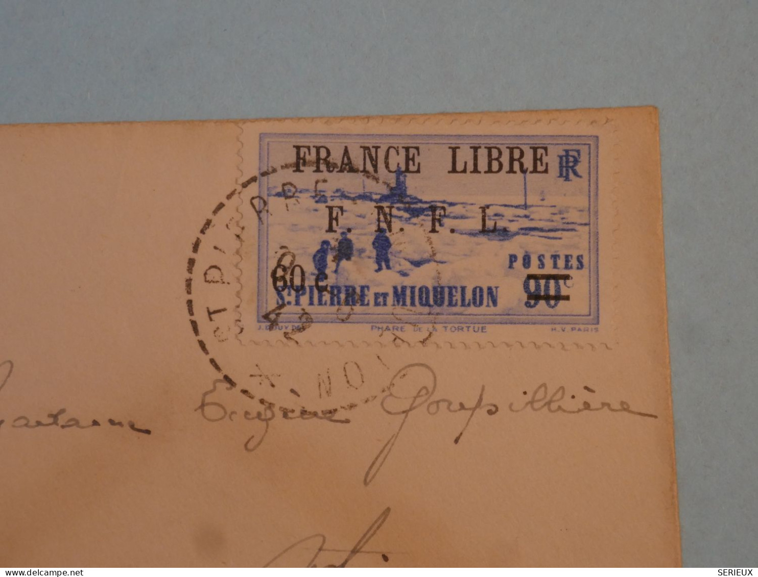 C  ST PIERRE & MIQUELON BELLE LETTRE FRANCE LIBRE RARE 1942 ST PIERRE A ATHENES +N°277 SEUL.  SURCHARGE +AFF. PLAISANT++ - Brieven En Documenten