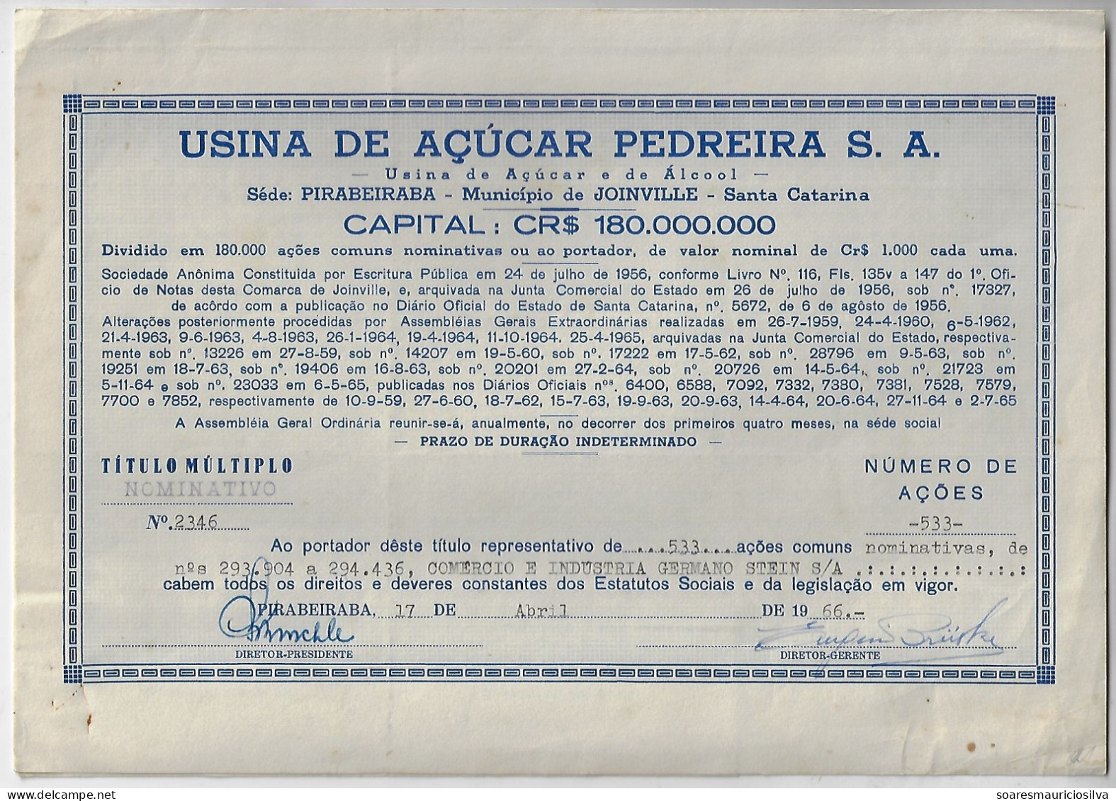 Brazil 1966 Shareholding Usina De Açúcar Pedreira From Joinville Pedreira Sugar Mill Size 18,5x26 Cm With 14 Coupons - S - V