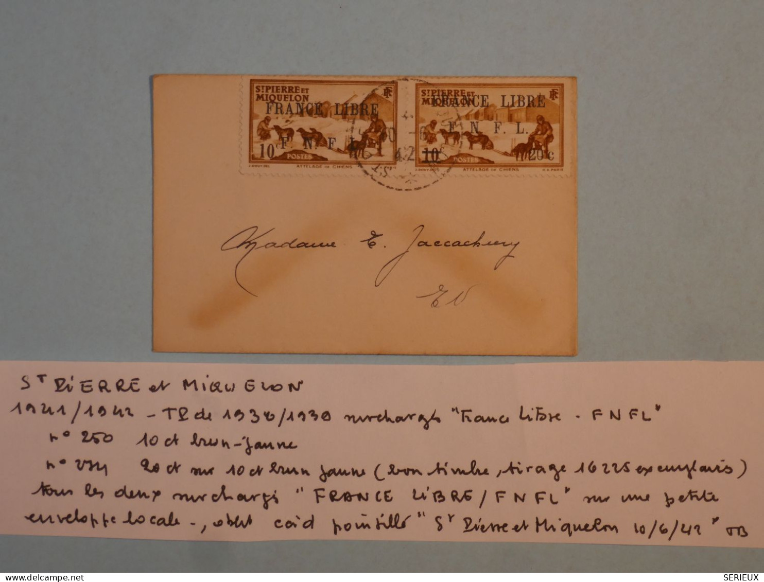 C  ST PIERRE & MIQUELON BELLE LETTRE FRANCE LIBRE RARE 1942 ST PIERRE  +N°250 274   SURCHARGES +AFF. PLAISANT + - Covers & Documents