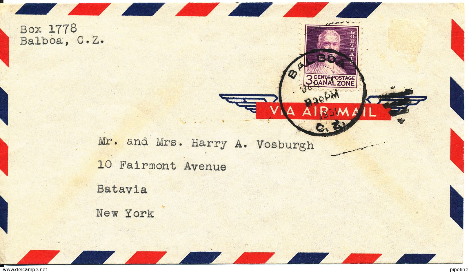 Canal Zone Air Mail Cover Sent To USA Balboa 1951 Single Franked 3c Goethals - Kanalzone