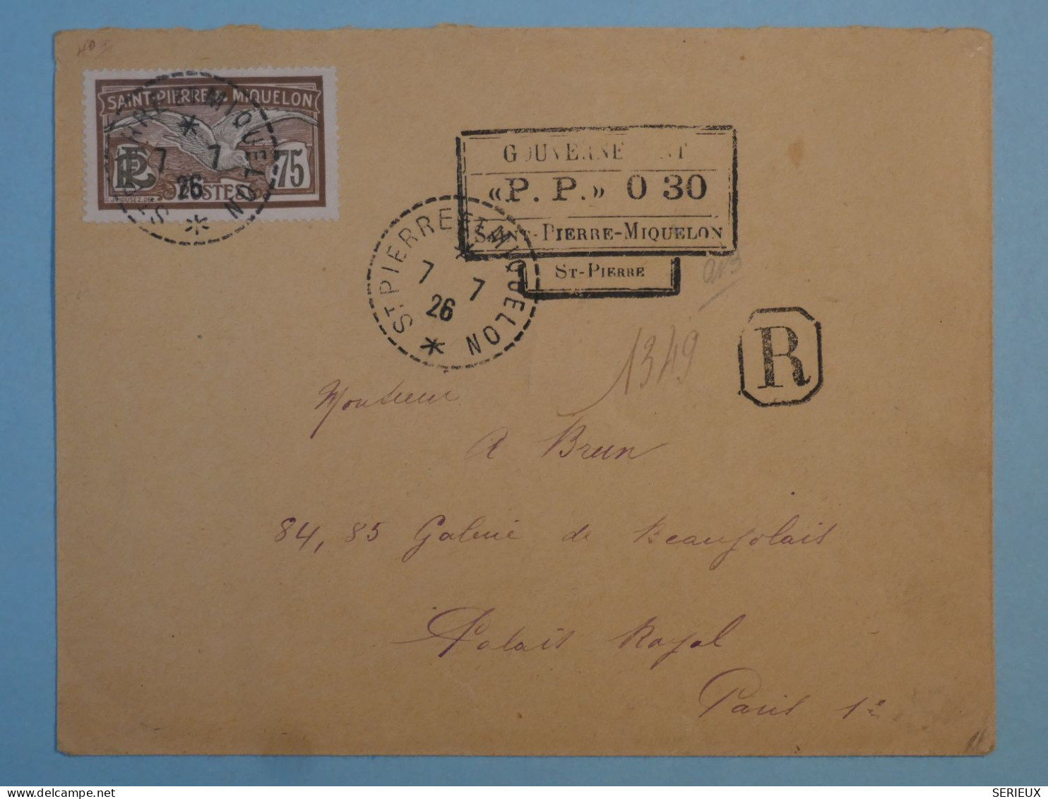 BT11 ST PIERRE & MIQUELON BELLE LETTRE GOUVERNEMENT 1926  ST PIERRE AU PALAIS ROYAL FRANCE  +N°90  +AFFRANCH. PLAISANT + - Storia Postale