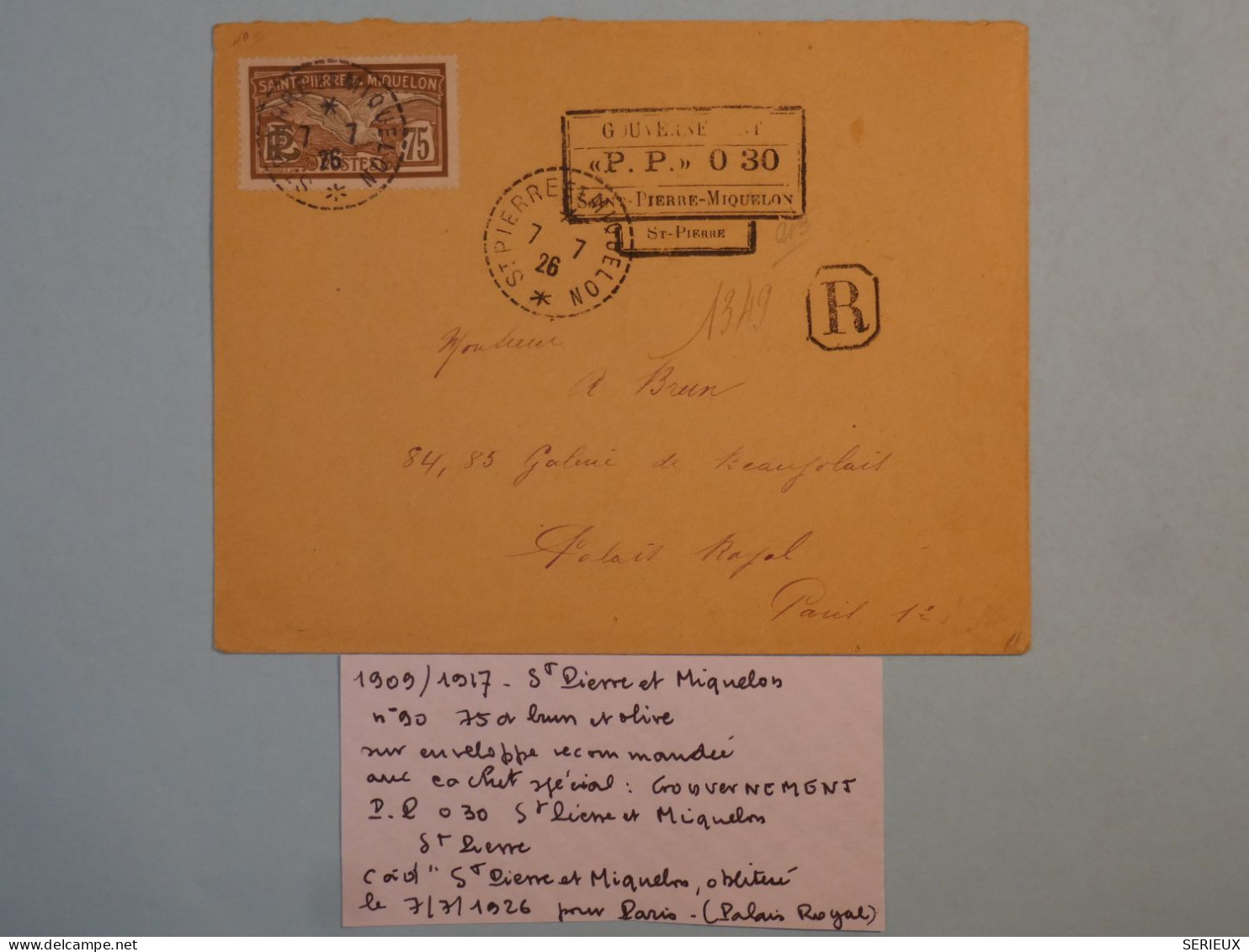 BT11 ST PIERRE & MIQUELON BELLE LETTRE GOUVERNEMENT 1926  ST PIERRE AU PALAIS ROYAL FRANCE  +N°90  +AFFRANCH. PLAISANT + - Covers & Documents
