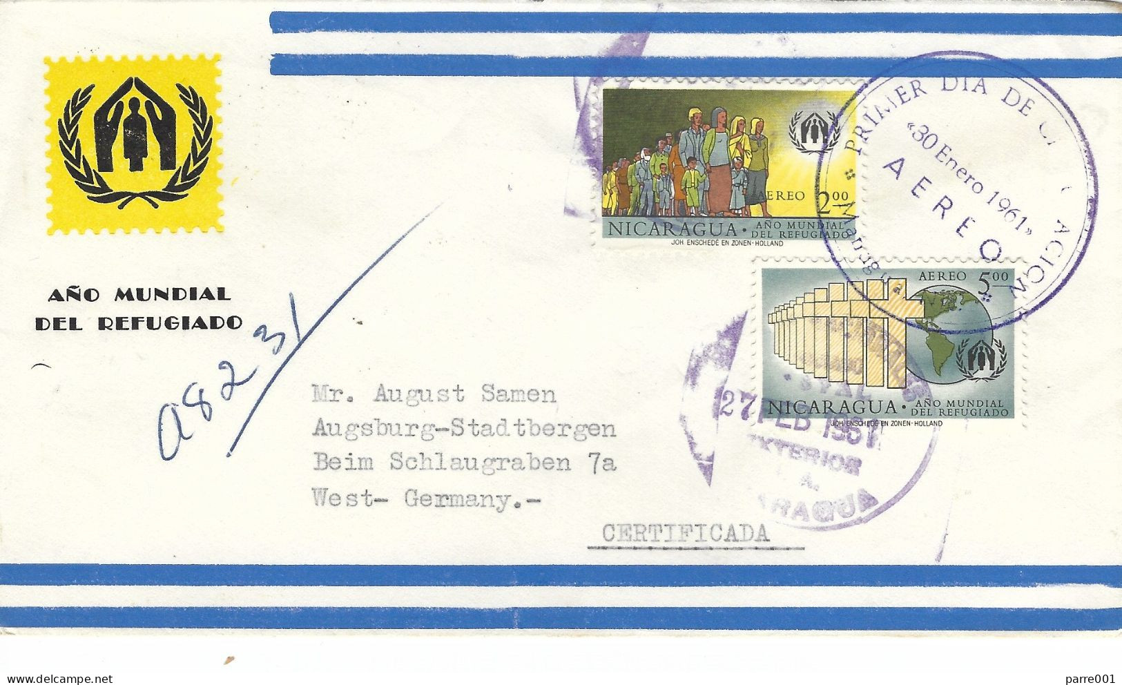 Nicaragua 1961 Managua World Refugee Year Registered FDC Cover - Vluchtelingen