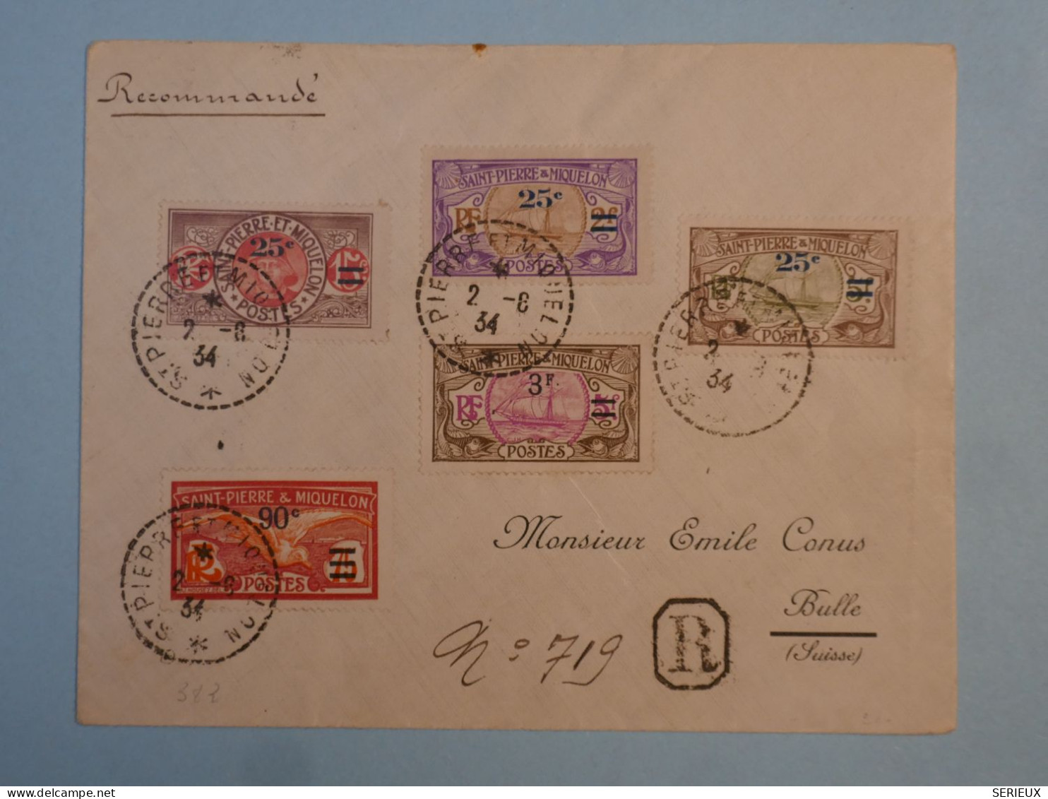 C  ST PIERRE & MIQUELON BELLE LETTRE RARE RECOM. 1934 ST PIERRE A BULLE SUISSE  + SURCHARGES +AFF. PLAISANT++ - Lettres & Documents