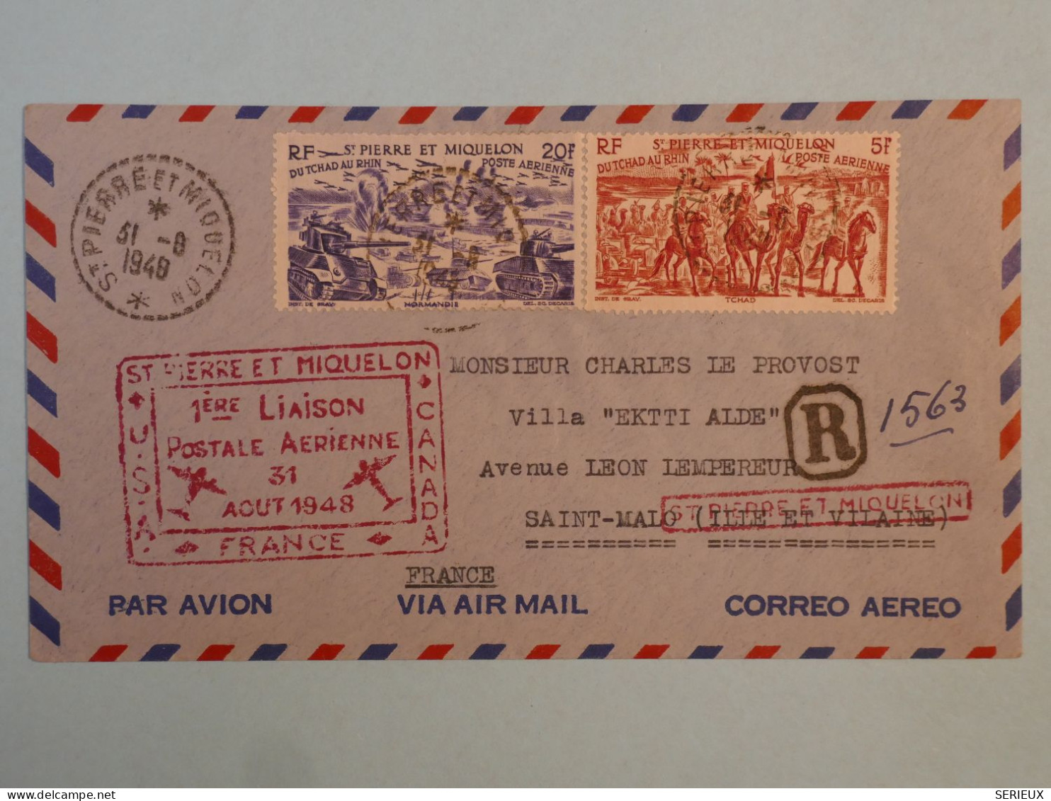 BT11 ST PIERRE & MIQUELON BELLE LETTRE   1948 1ER VOL  ST PIERRE A ST MALO  FRANCE +P AERIEN 12 15 +AFFRANCH. PLAISANT + - Lettres & Documents