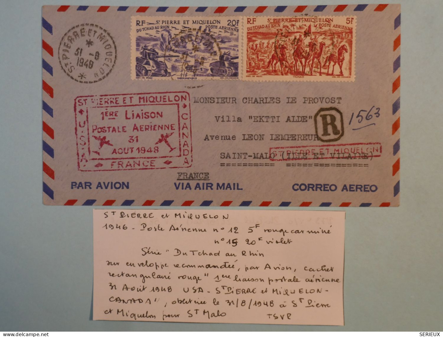 BT11 ST PIERRE & MIQUELON BELLE LETTRE   1948 1ER VOL  ST PIERRE A ST MALO  FRANCE +P AERIEN 12 15 +AFFRANCH. PLAISANT + - Storia Postale